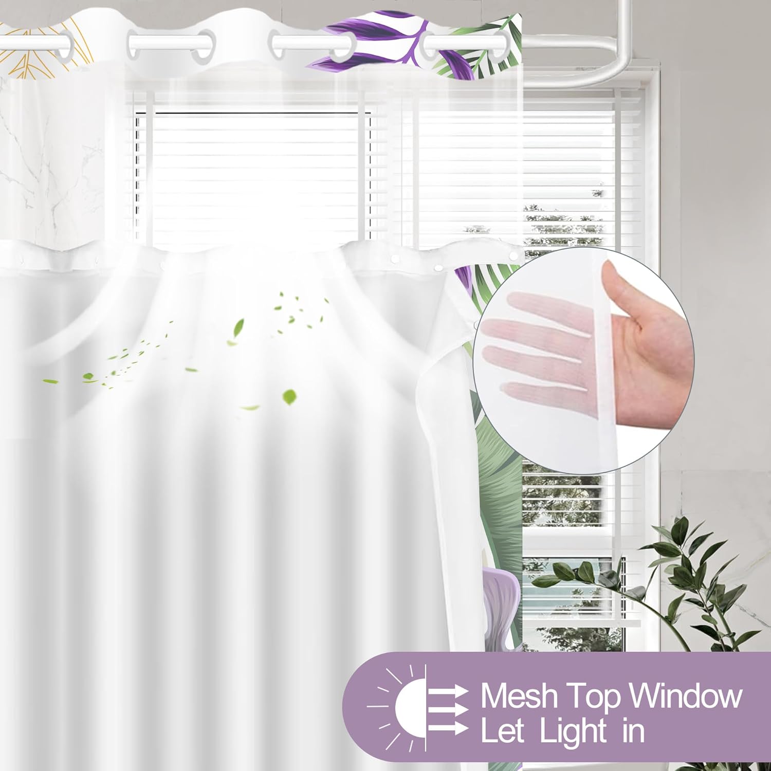 No Hook Shower Curtain with Snap in Liner, Tropical Leaf Shower Curtains and Liner Set for Bathroom, Monstera Palm Leaves Floral Fabric Bath Curtain, Waterproof Washable, Purple 71" x 74"
