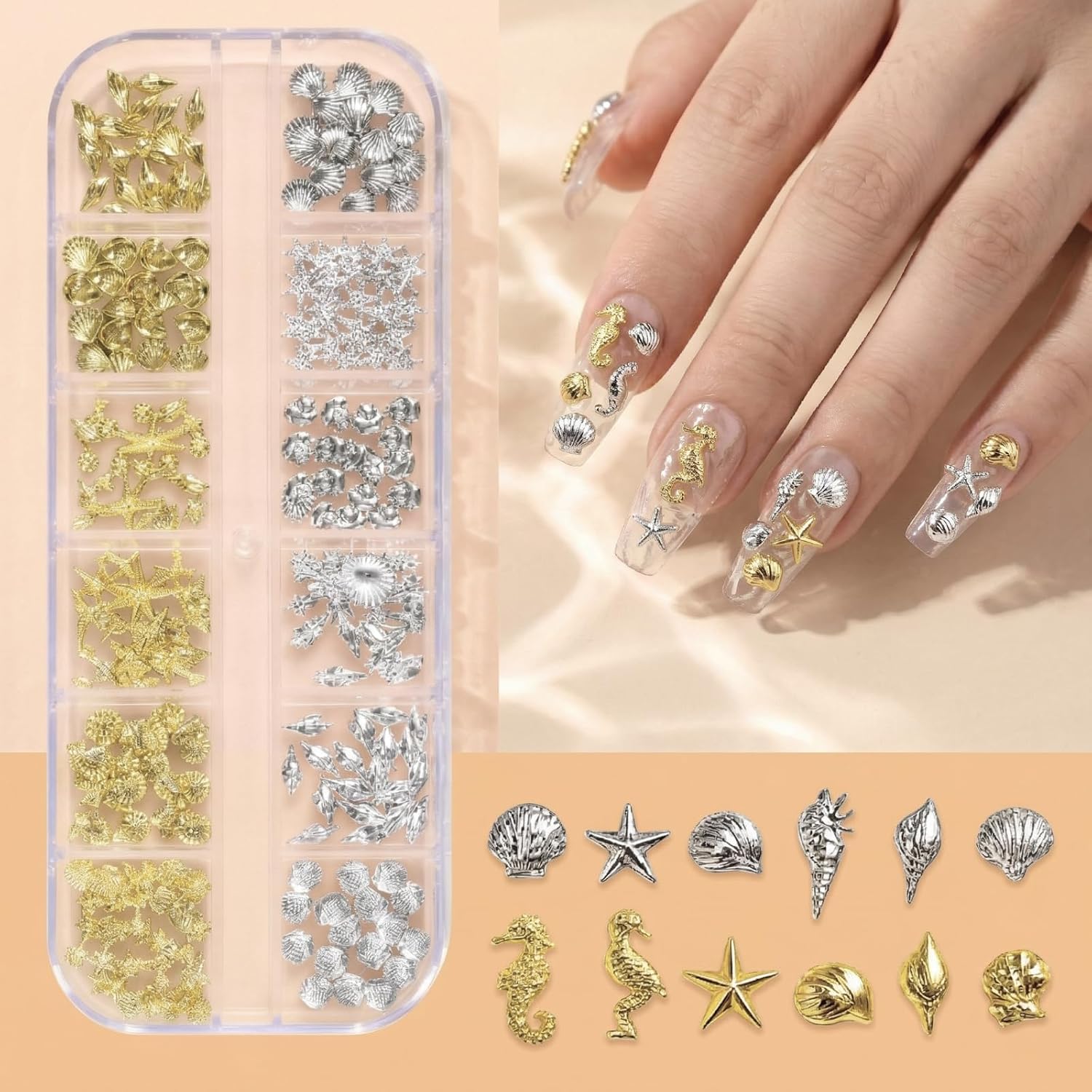Beach Seashell Nail Art Charms, 3 Boxes of Ocean Gold 3D Starfish Pearl Rhinestones with Tweezers, Summer Nail Decoration Kit for DIY Nails