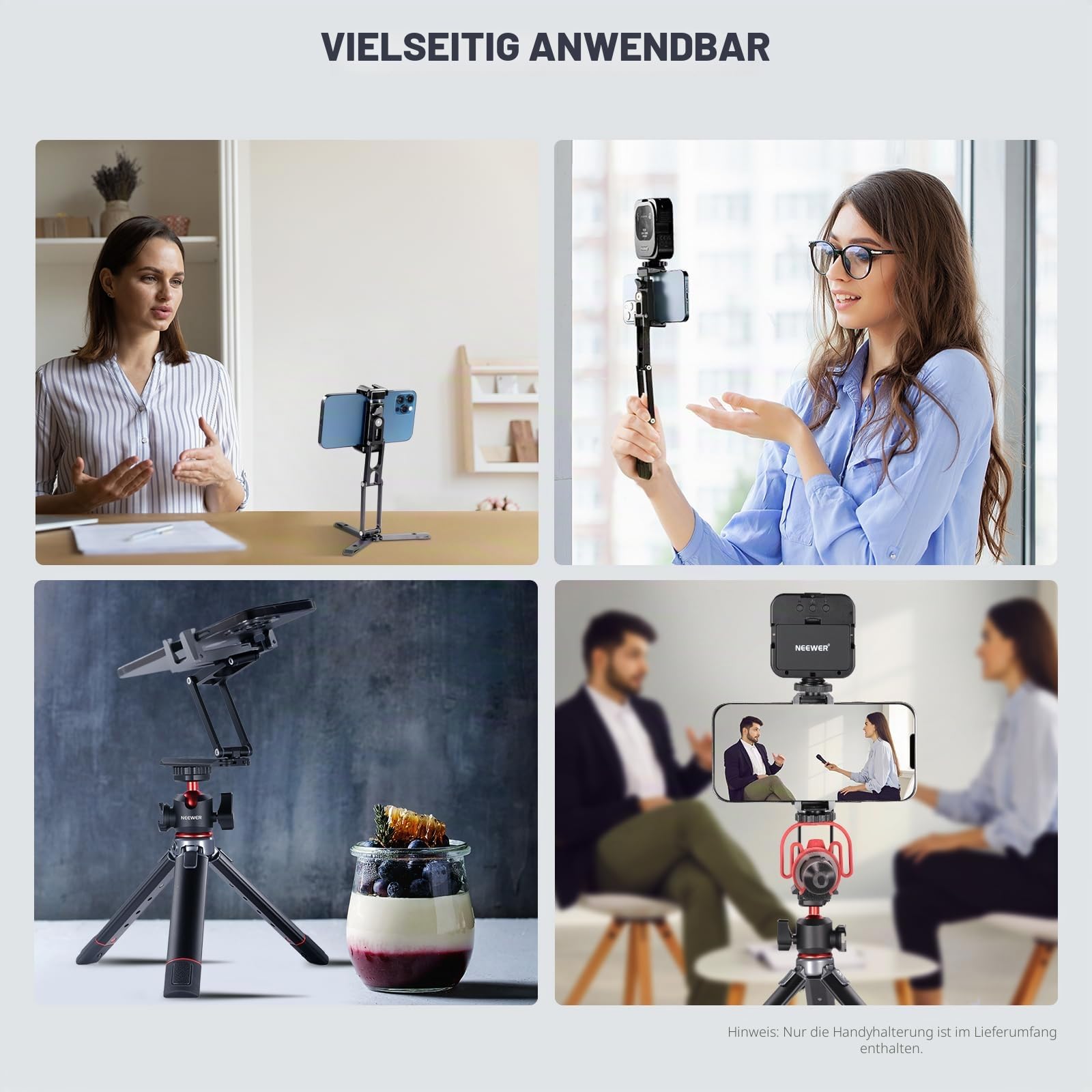 NEEWER Handyhalterung für Stativ mit Cold Shoes & 1/4" 3/8" Löcher, Alle Metall Multi-Winkel & Höhenverstellbar Dreifach Faltbar tragbare Smartphone Halterung mit 3 geteilten, Kompatibel iPhone, SP-04