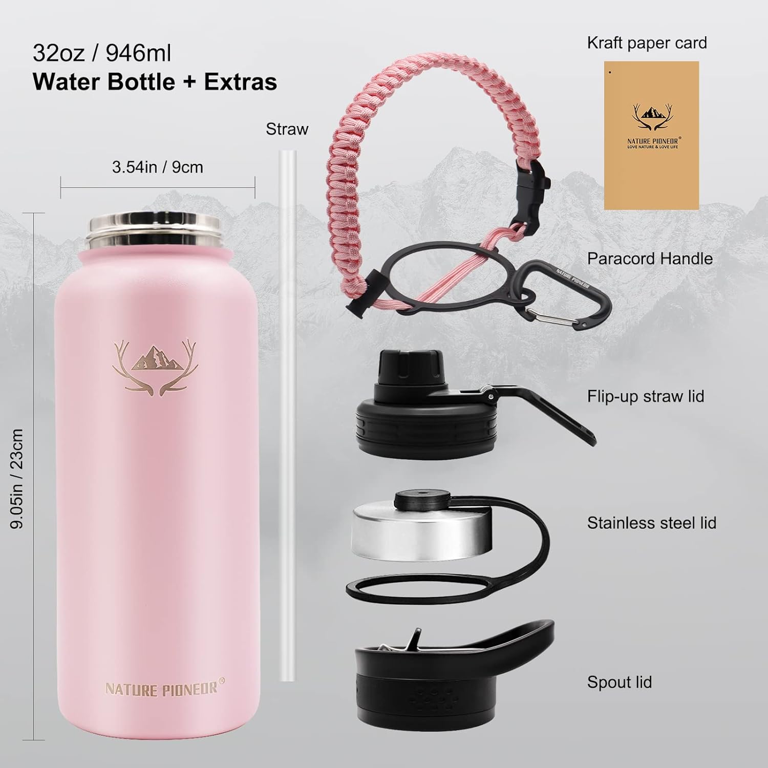 NATURE PIONEOR Insulated Water Bottles with Paracord Handle - 32 oz Vacuum Sports Wide Mouth Water Bottle with 3 Lids, Leak Proof Stainless Steel Keeps Hot and Cold
