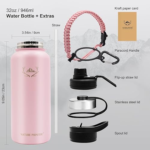Miniatura 6 de Botellas de agua aisladas NATURE PIONEOR con asa de paracord - Botella de agua deportiva de boca ancha de 32 onzas con 3 tapas, aislada al vacío, a