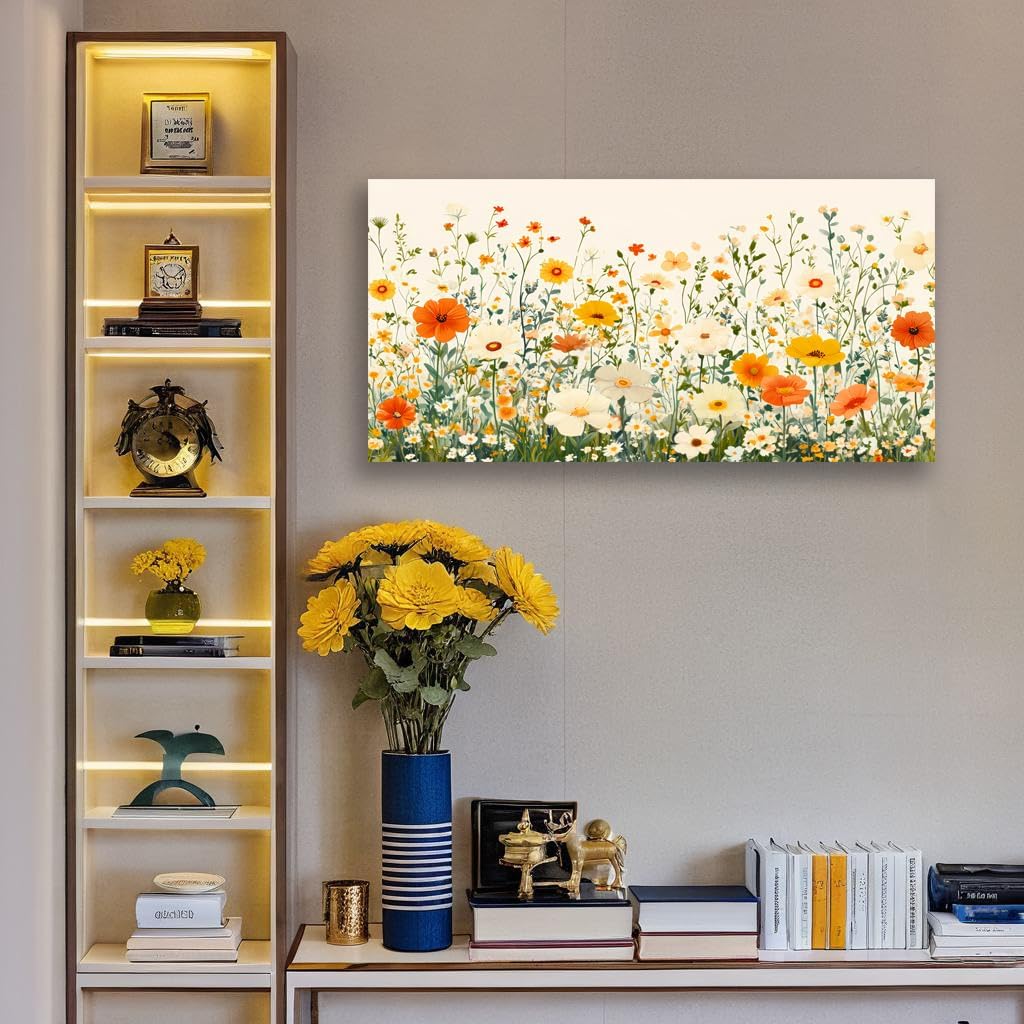 KZKU Floral Wall Art Canvas Print Orange and White Wildflowers Modern Botanical Watercolor style Flower Picture for Bedroom Living Room Artwork Home Wall Decoration 20x40in