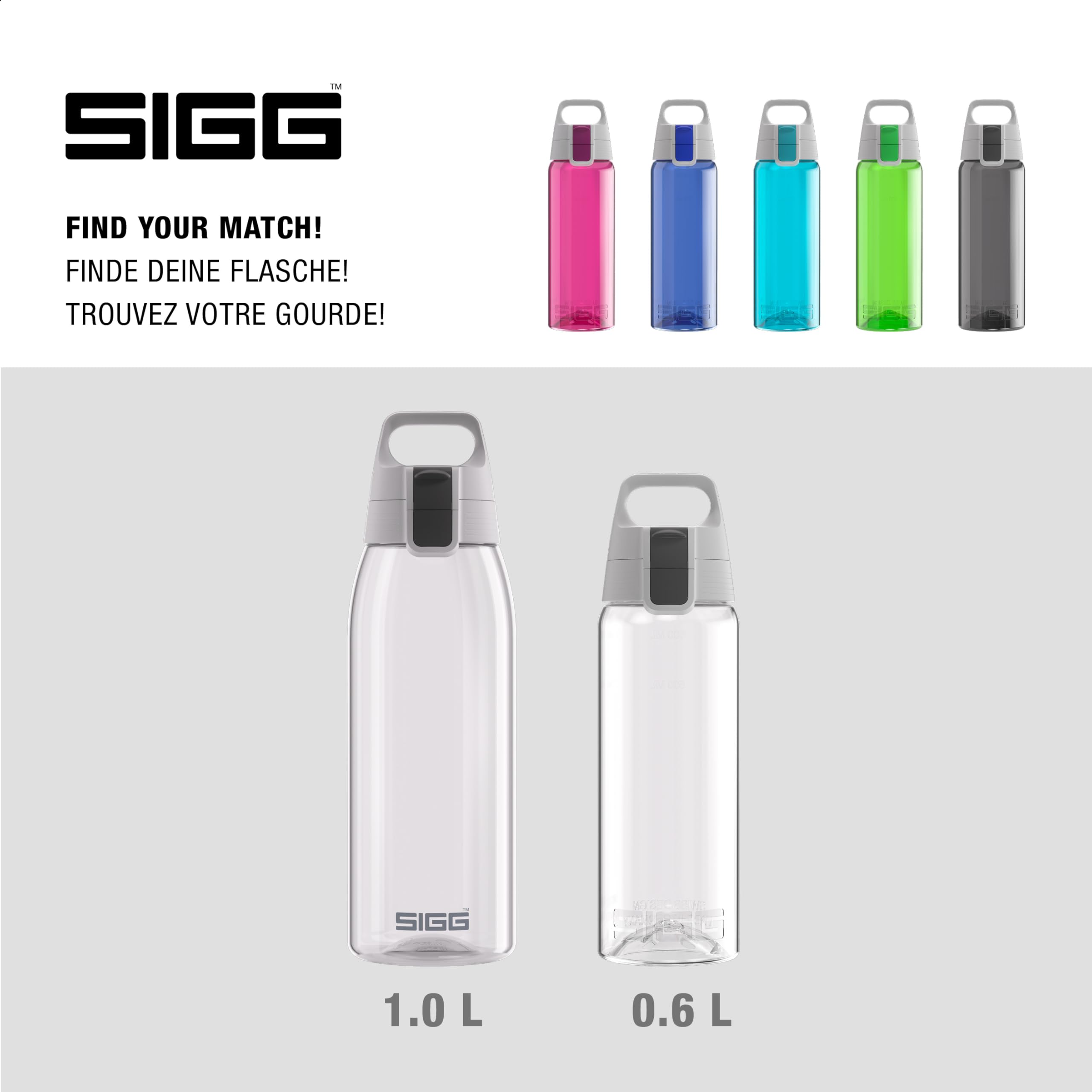 SIGG - Butelka na napoje Tritan – Total Color ONE przezroczysta – nadaje się do napojów gazowanych – nadaje się do mycia w zmywarce – szczelna – lekka, nie zawiera BPA, przezroczysta, 0,6 l