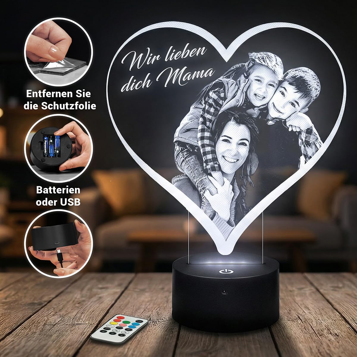 Lampephoto.fr – Personalisierte Fotolampe in Herzform, Geschenk zum Muttertag, für Mama, personalisierte Geschenkideen für Frauen und Paare, Muttertag: Foto und Text individuell gestaltbar