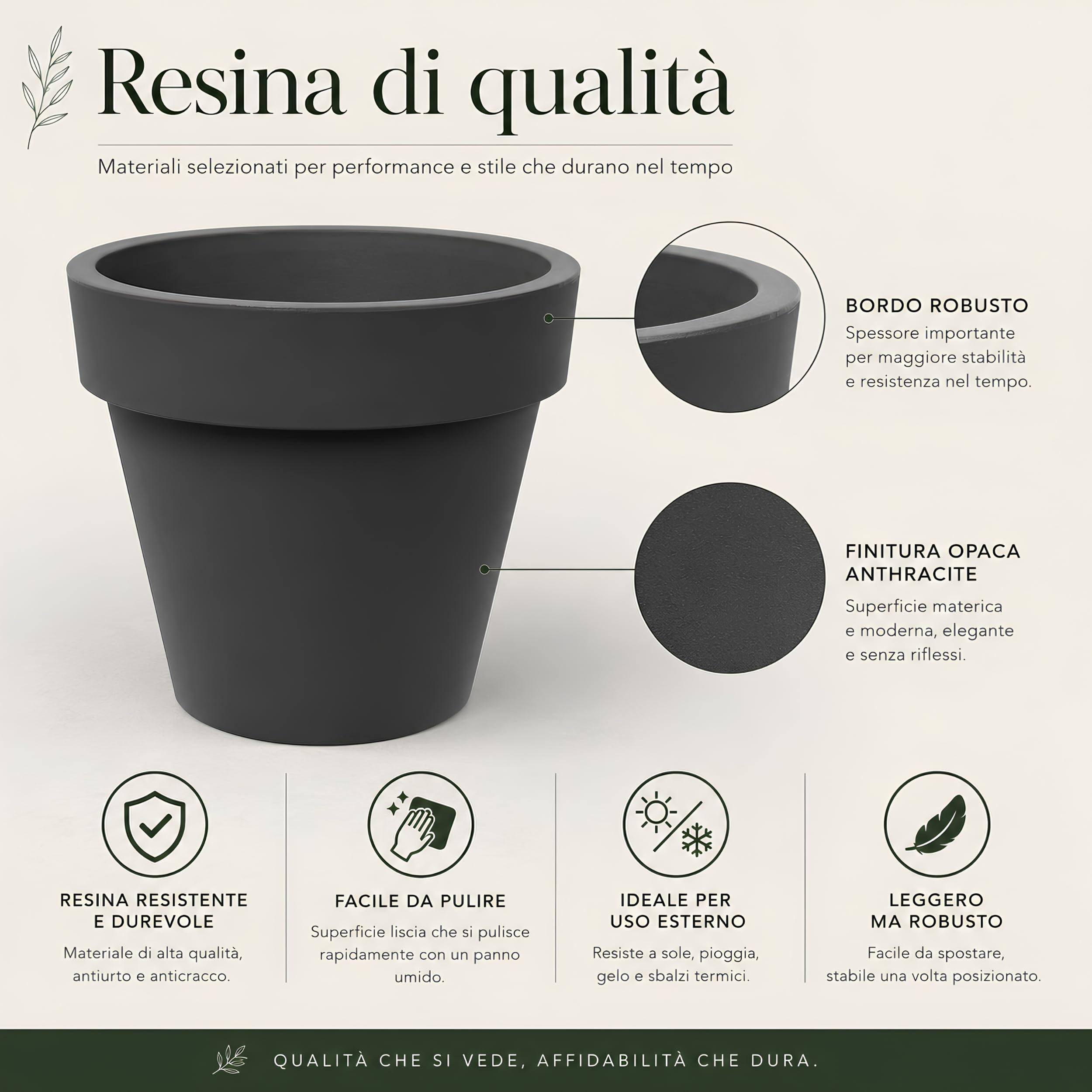 Tecnokit Tera Vaso Grande Standard One Ø50 cm Antracite in Resina, Vaso Moderno da Interno ed Esterno Resistente UV, Fioriera Rotazionale per Piante Grandi, Terrazzo e Giardino