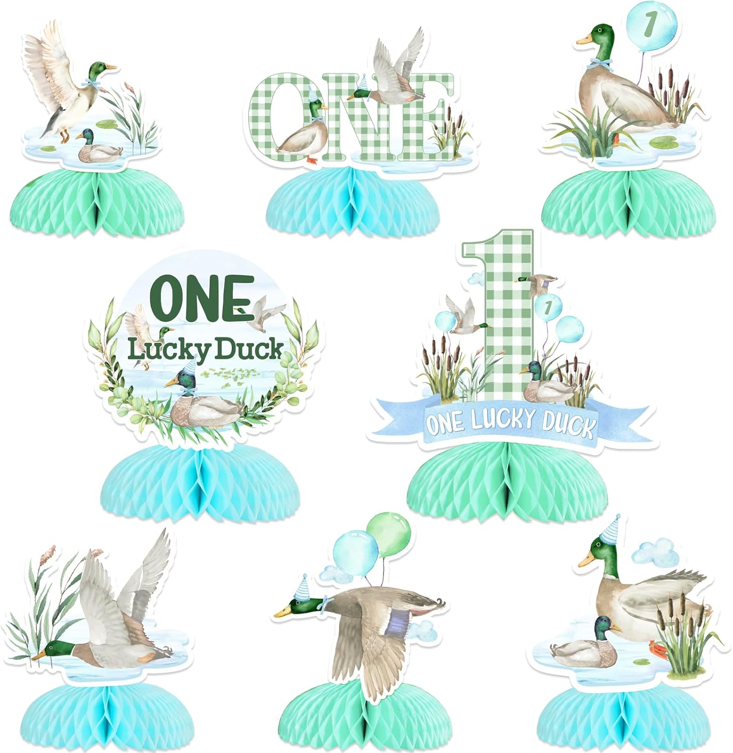 One Lucky Duck Birthday Decorations, 8pcs Mallard Duck Honeycomb Centerpieces for Mallard Duck Boy 1st Birthday Table Decorations Duck Hunting First Supplies