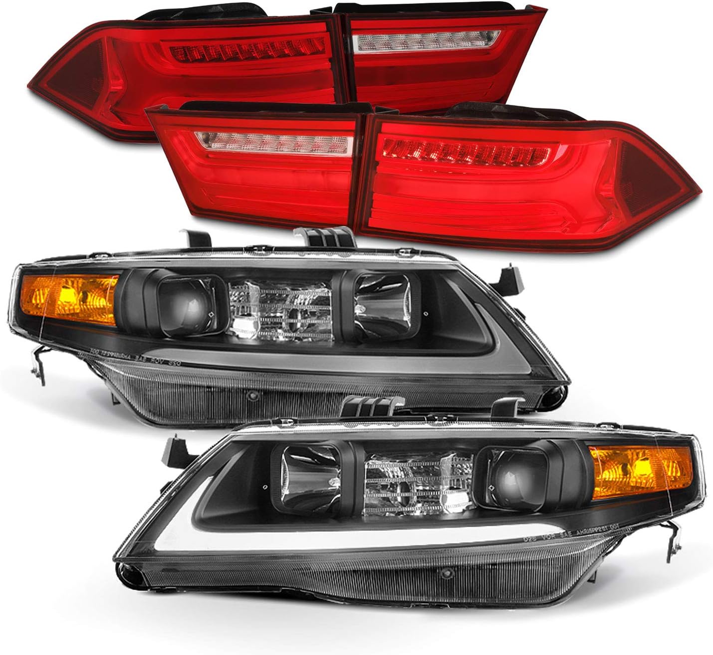 AKKON - Fits 2004-2008 Acura TSX Light Bar DRL Projector Black Housing Headlights + LED Red Tail Lamps Combo