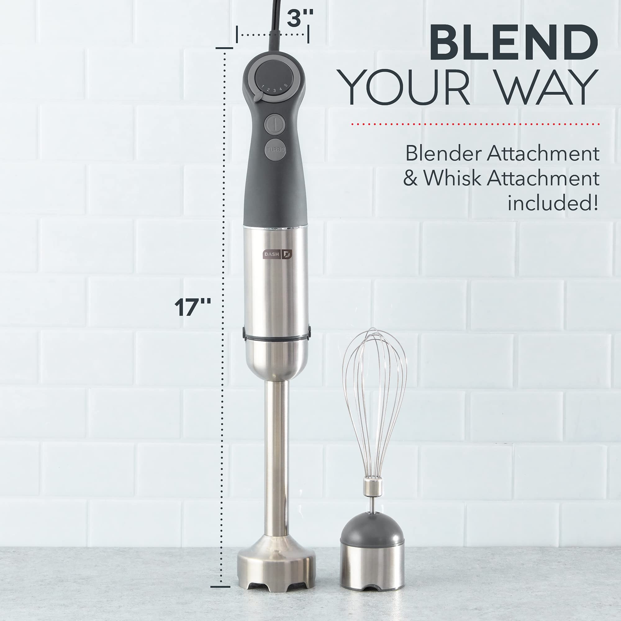 Dash Chef Series Batidora de mano de inmersión, licuadora de varilla de 5 velocidades con cuchillas de acero inoxidable, accesorio para batidor y guía de recetas, gris frío