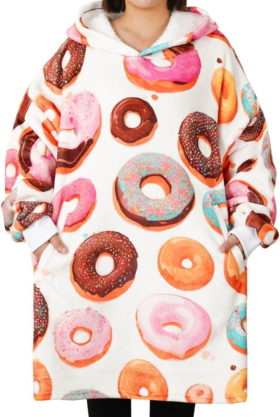 Donut Gifts for Donut Lovers, Wearable Blanket Hoodie, Oversized Wearing Blanket with Two Large Pocket for Birthday & Christmas