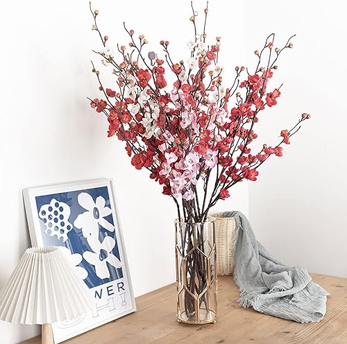 Miniatura 3 de JUULUK 8 flores artificiales de ciruelo ramas de flores de ciruelo rojo de seda arreglos de flores de ciruela de tallo largo para florero mesa