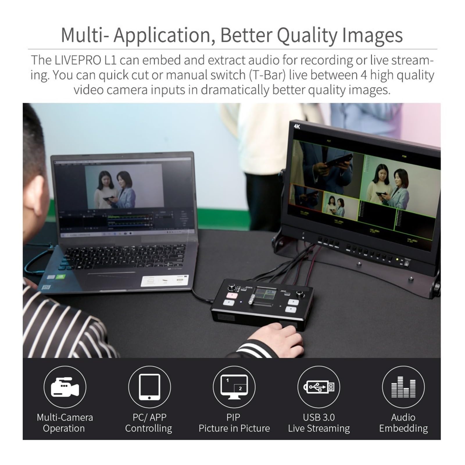 Przełącznik Wideo, L1 V1 Przełącznik wideo na żywo 4x Wejście USB3.0 Podgląd nagrywania studyjnego