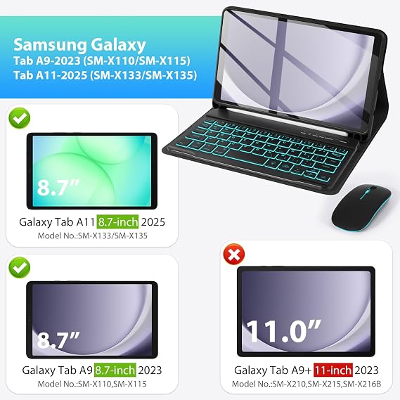 LAMA for Samsung Tab 8.7-inch A11/ A9 Backlit Keyboard Case with Mouse, Tablet Case with Keyboard for Galaxy Tab A9-2023 (SM-X110/SM-X115)/ A11-2025 (SM-X133, SM-X135), Pencil Holder, Black