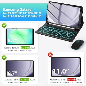 LAMA for Samsung Tab 8.7-inch A11/ A9 Backlit Keyboard Case with Mouse, Tablet Case with Keyboard for Galaxy Tab A9-2023 (SM-X110/SM-X115)/ A11-2025 (SM-X133, SM-X135), Pencil Holder, Black