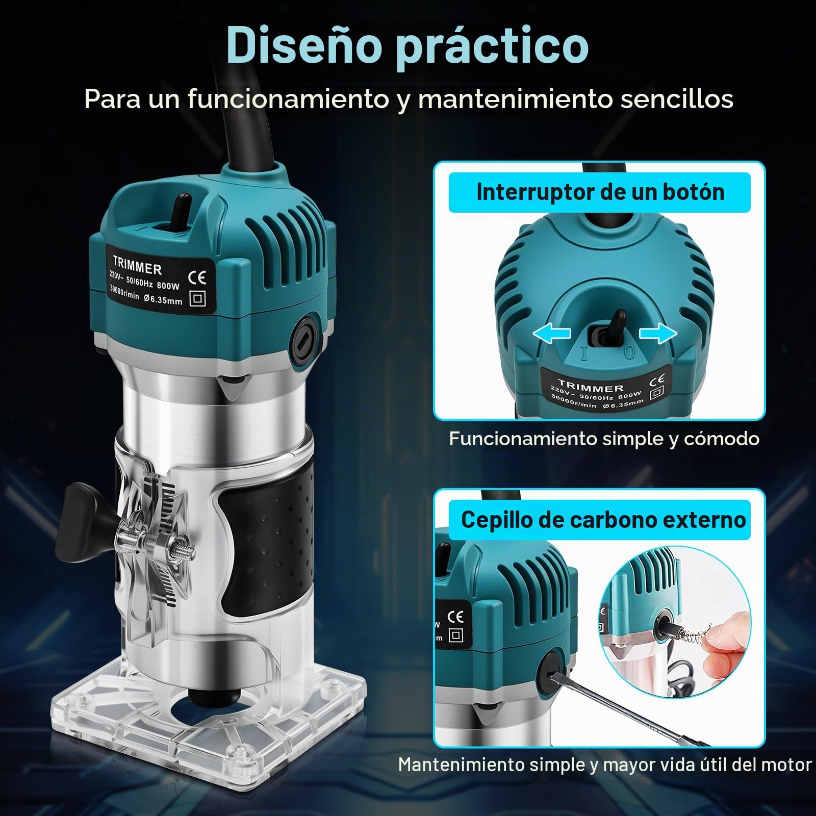 Fresadora para Madera, 800W 30000RPM Rebajadora Eléctrica, Fresadora de Mano mit Juego de 15 Fresas de 1/4" (6,35 mm) para Bricolaje, Carpintería, Base Transparente| Carcasa de Aluminio