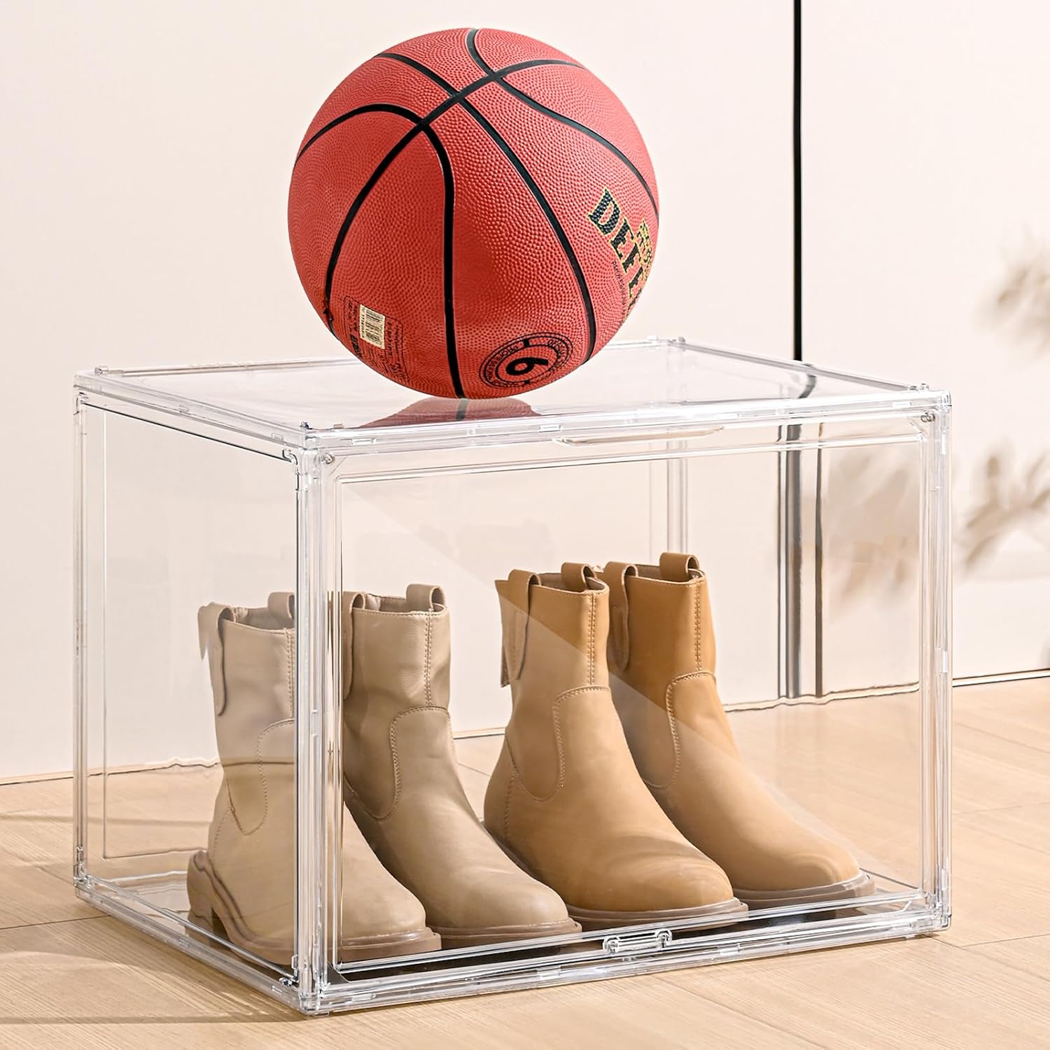 XXX-Large Clear Display Case 17.7" x 13" x 13" Extra Large Display Organizer Box with Magnetic Door, Stackable Acrylic Storage Bin for Boots, Shoes, Collectibles, Bags, Figures, Trophies