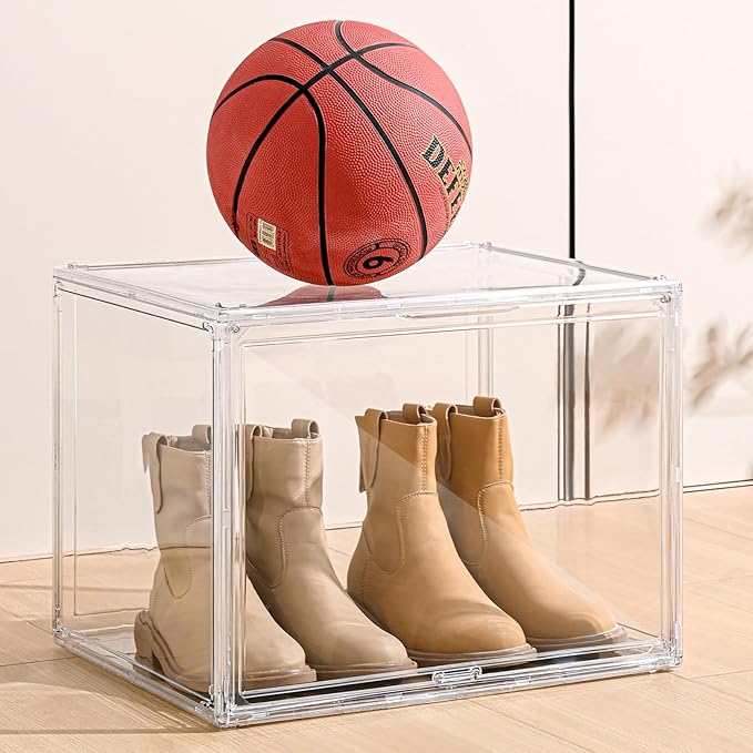 XXX-Large Clear Display Case 17.7" x 13" x 13" Extra Large Display Organizer Box with Magnetic Door, Stackable Acrylic Storage Bin for Boots, Shoes, Collectibles, Bags, Figures
