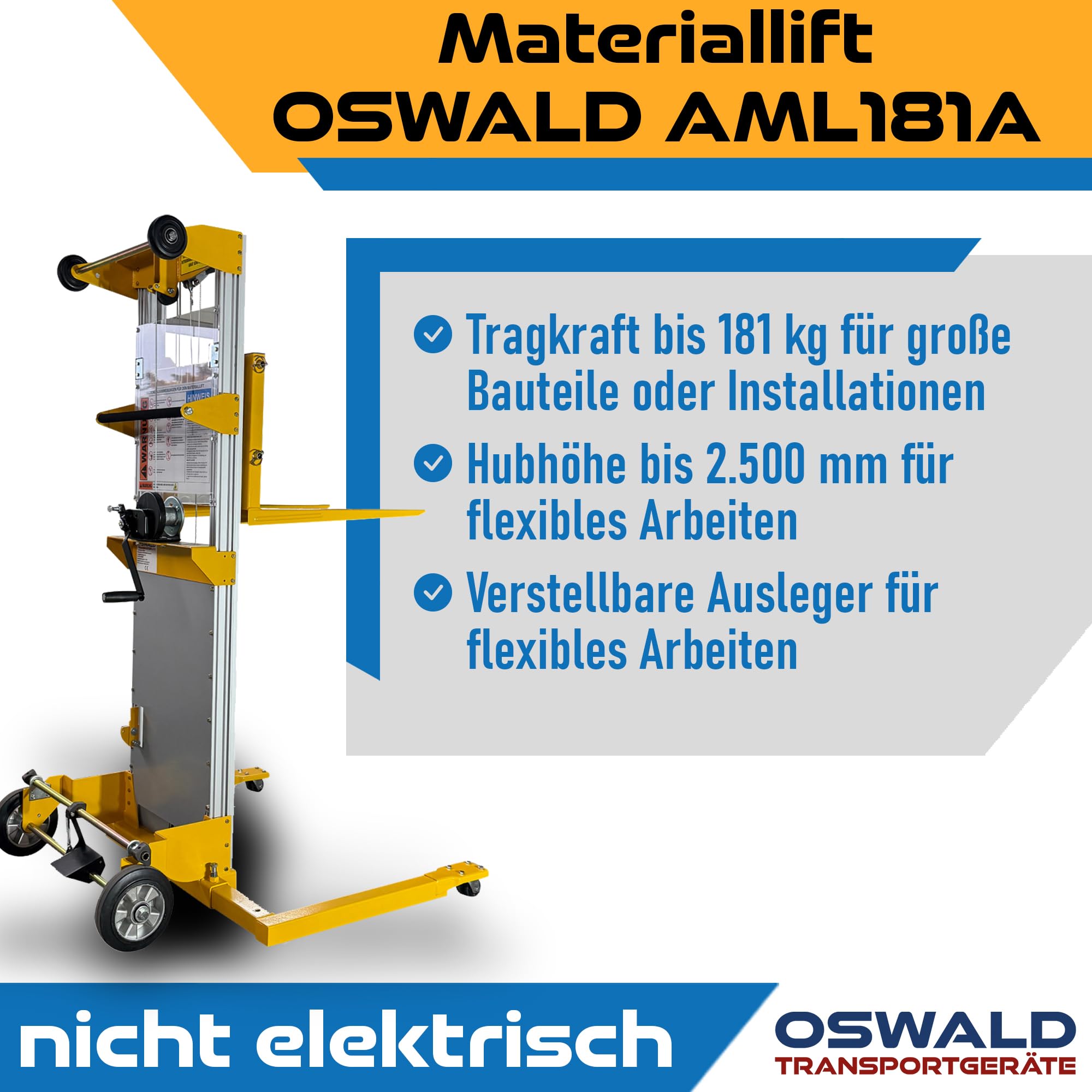 Materiallift AML181A verstellbare Ausleger - 181 kg Tragkraft - 2.500 mm Hubhöhe - Handstapler