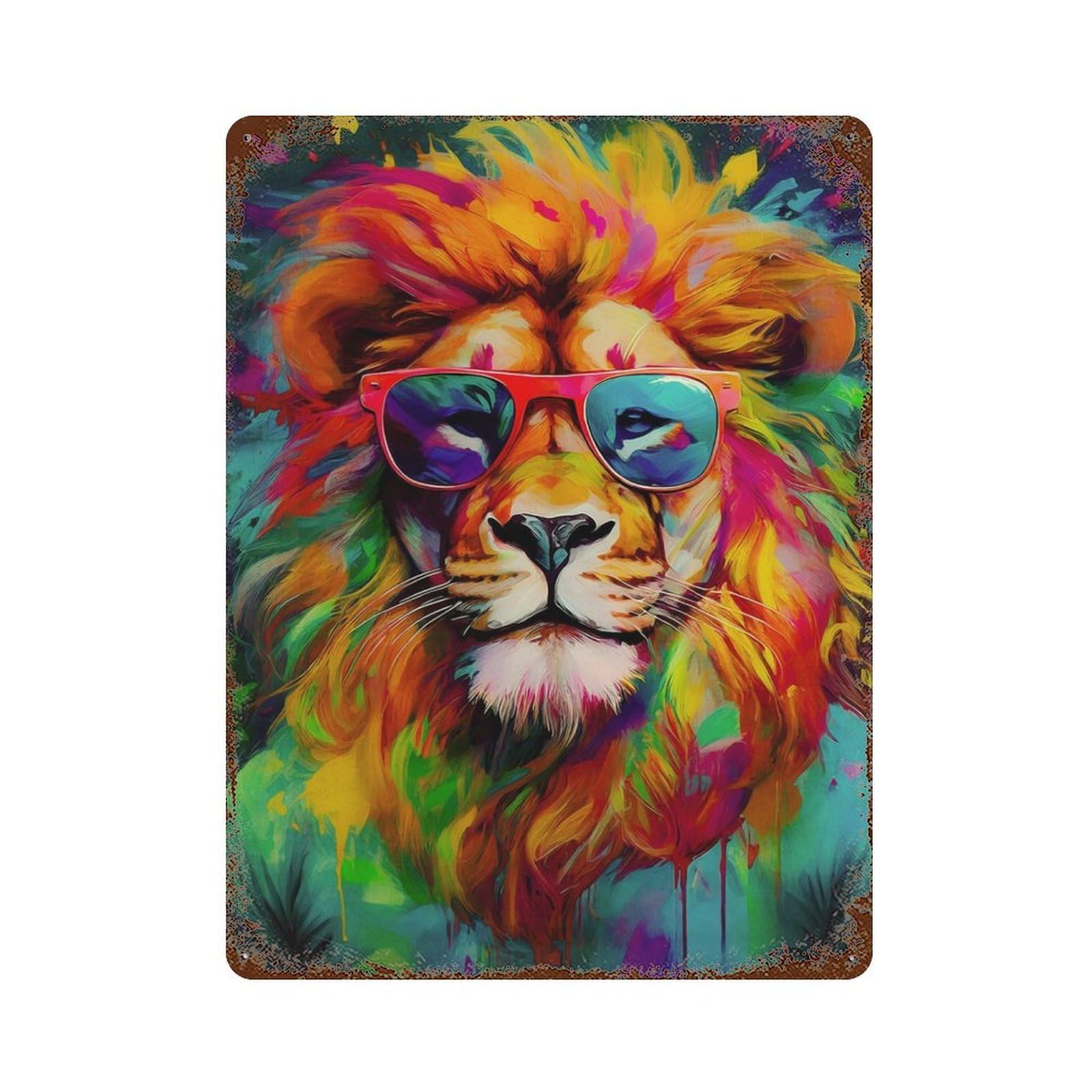 Rust Effect Cool Lion Painting Weathered Tin Sign 15.7"x11.8", Novelty Wall Decor for Office, Studio And Wall Decor