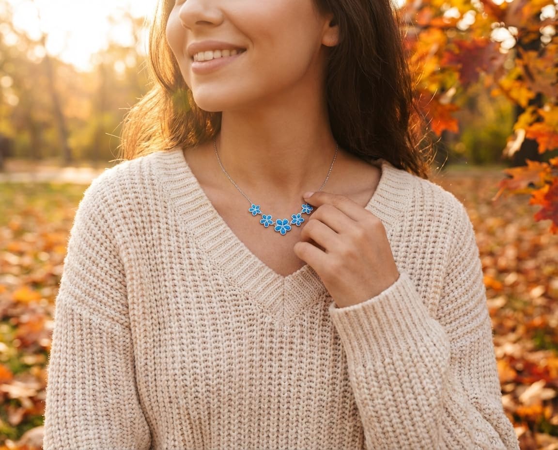 Bling Jewelry Gemstone Statement Blue Created Opal Multi 5 Plumeria Hawaiian Flower Collar Necklace For Women Girlfriend .925 Sterling Silver October Birthstone