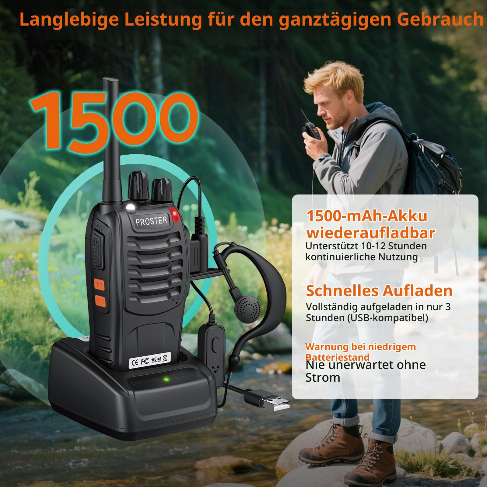 Proster Walkie Talkies 16 Kanäle PMR Funkgeräte mit Sprachaufforderung Wiederaufladbare mit USB-Ladegerät und Kopfhörer -Schwarz(2 Paar) (2 Paar)