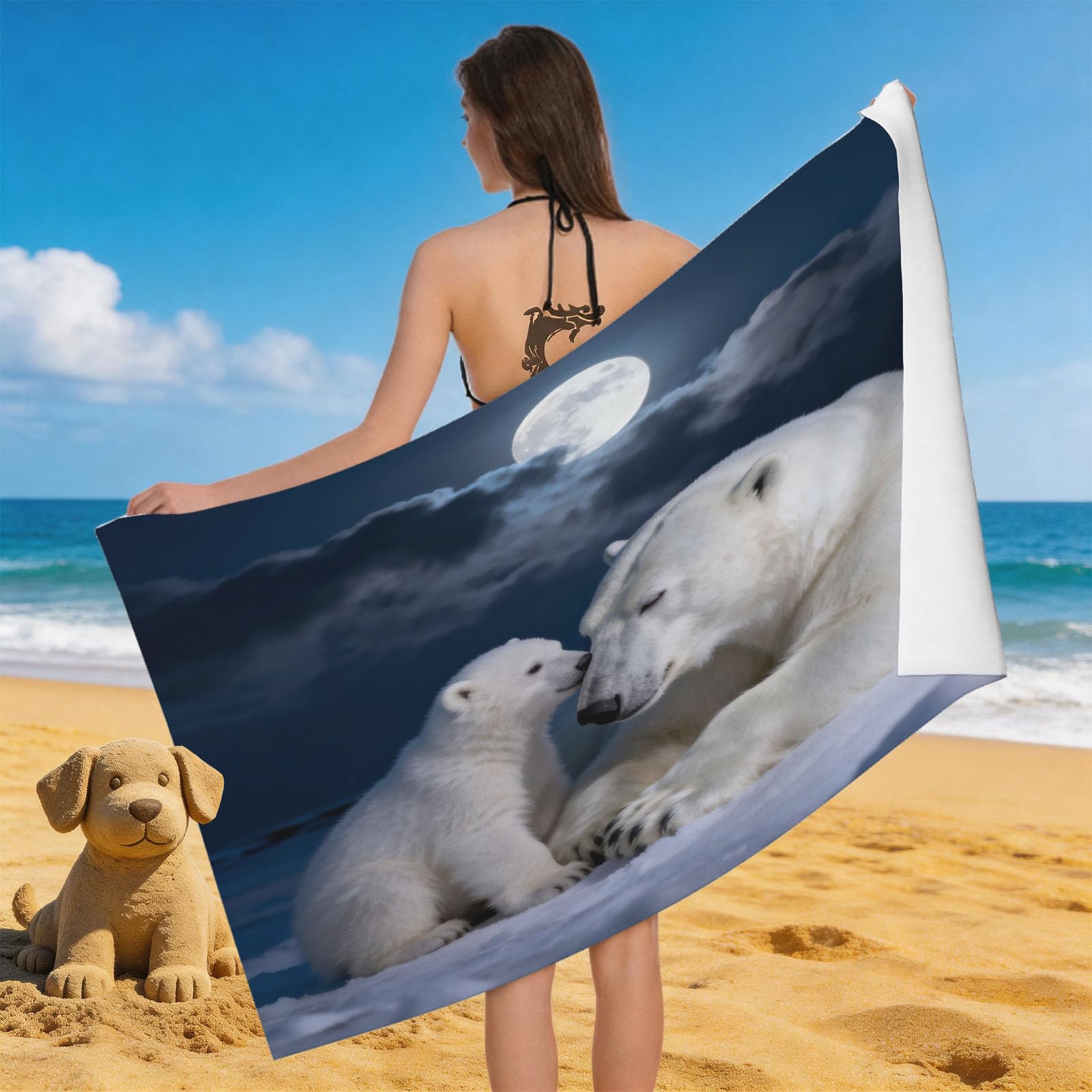 Leichong 3D Polar Bear Beach Towel Large Microfiber Soft Quick Dry for Adults, Cute Animals Bath Towel Lightweight Soft Absorbent for Travel Swimming Pool Sports, 80 x 160 cm