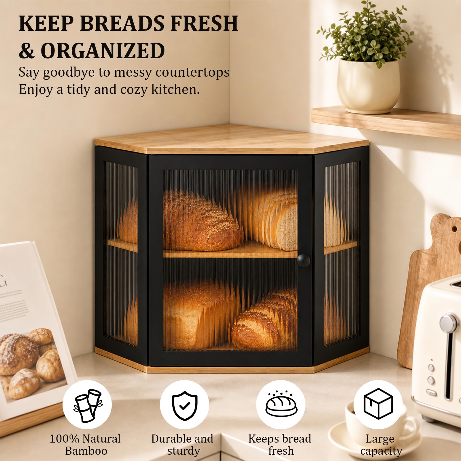 EXLECO Brotkasten Ecke Bambus, 2 Etagen Großes Brotkorb 32x32x35cm Schwarz