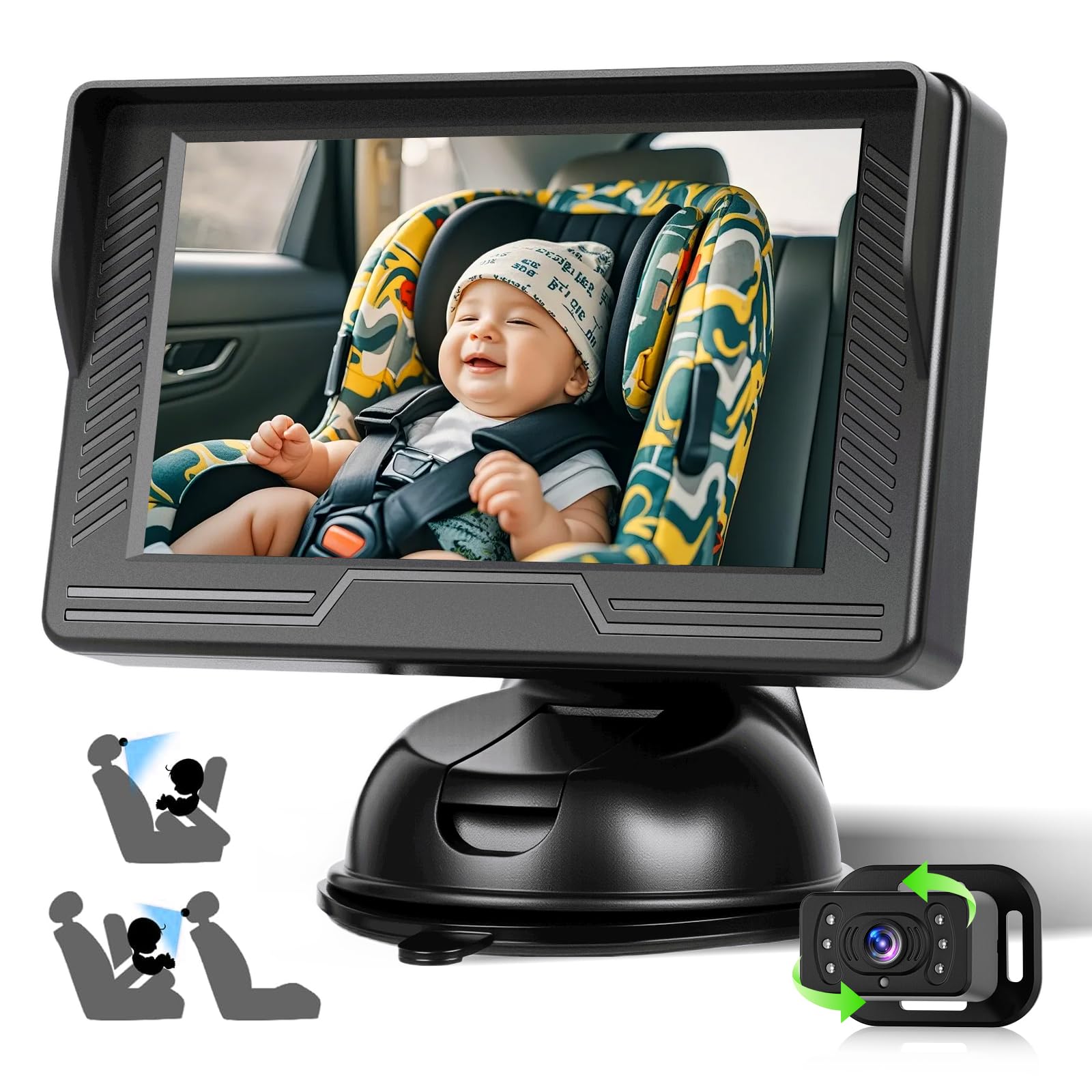 Hikity Cámara de Coche para Bebé 4,3 Zoll IPS Display Visión Nocturna,360° Giratorias,Einfache Installation,Kompatibel mit Limousinen, Kleintransportern, und SUV