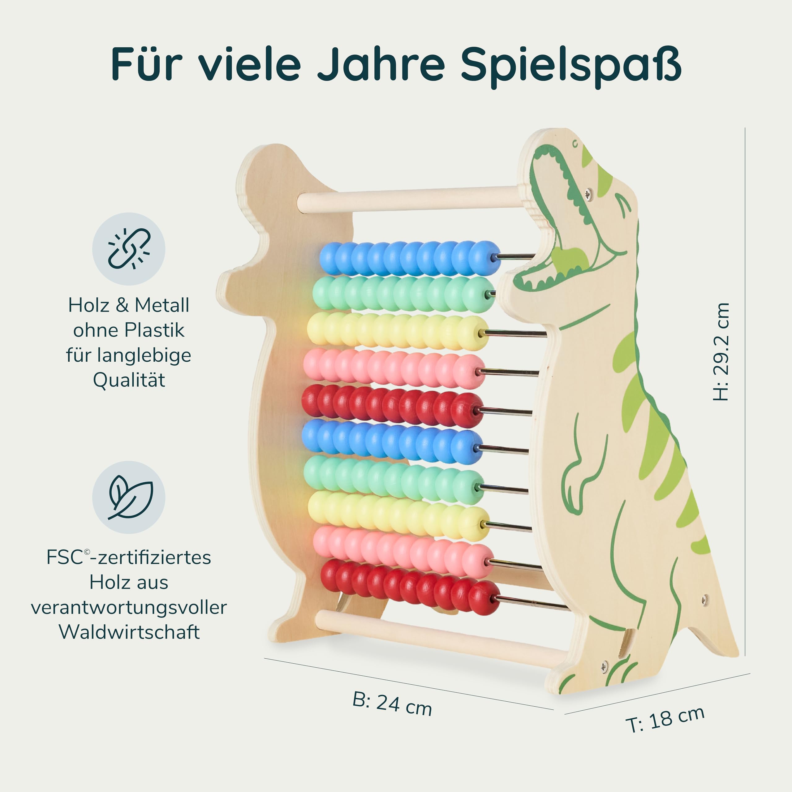 Twig & Leaf Rechenschieber für Kinder aus Holz, Dinosaurier Abakus Montessori Spielzeug zum Rechnen & Zählen Lernen, Zählrahmen 1. Klasse & Vorschule, Nachhaltiges Lernspielzeug aus Holz & Metall