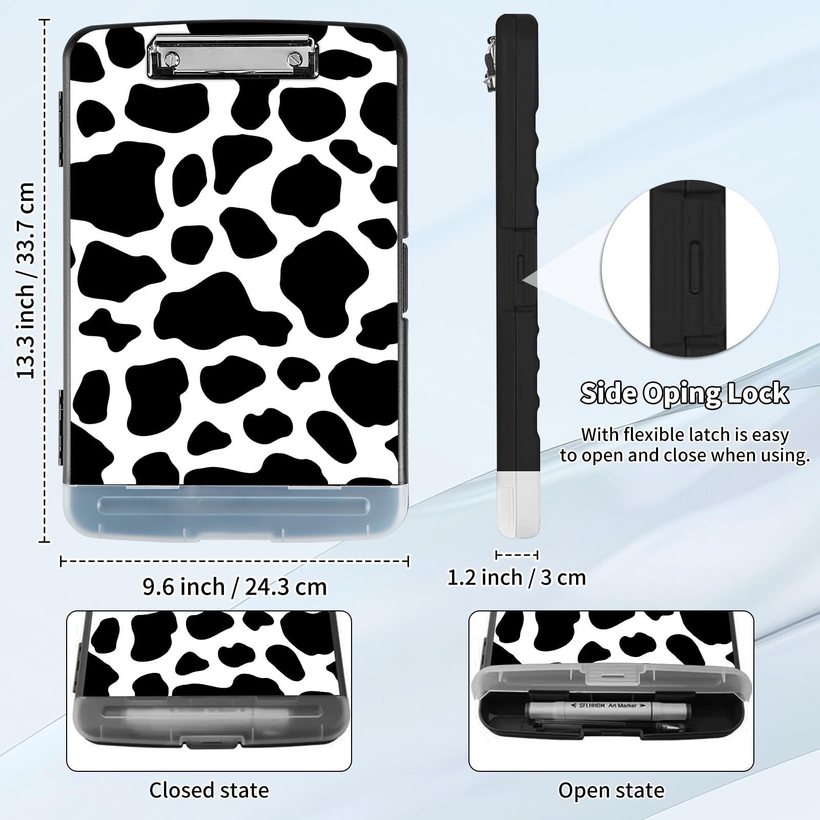 Heavy Duty Clipboard With Storage & Pen Holder - Side Opening Folder For Nurses, Teachers, Sales (Cow Print) - View #5