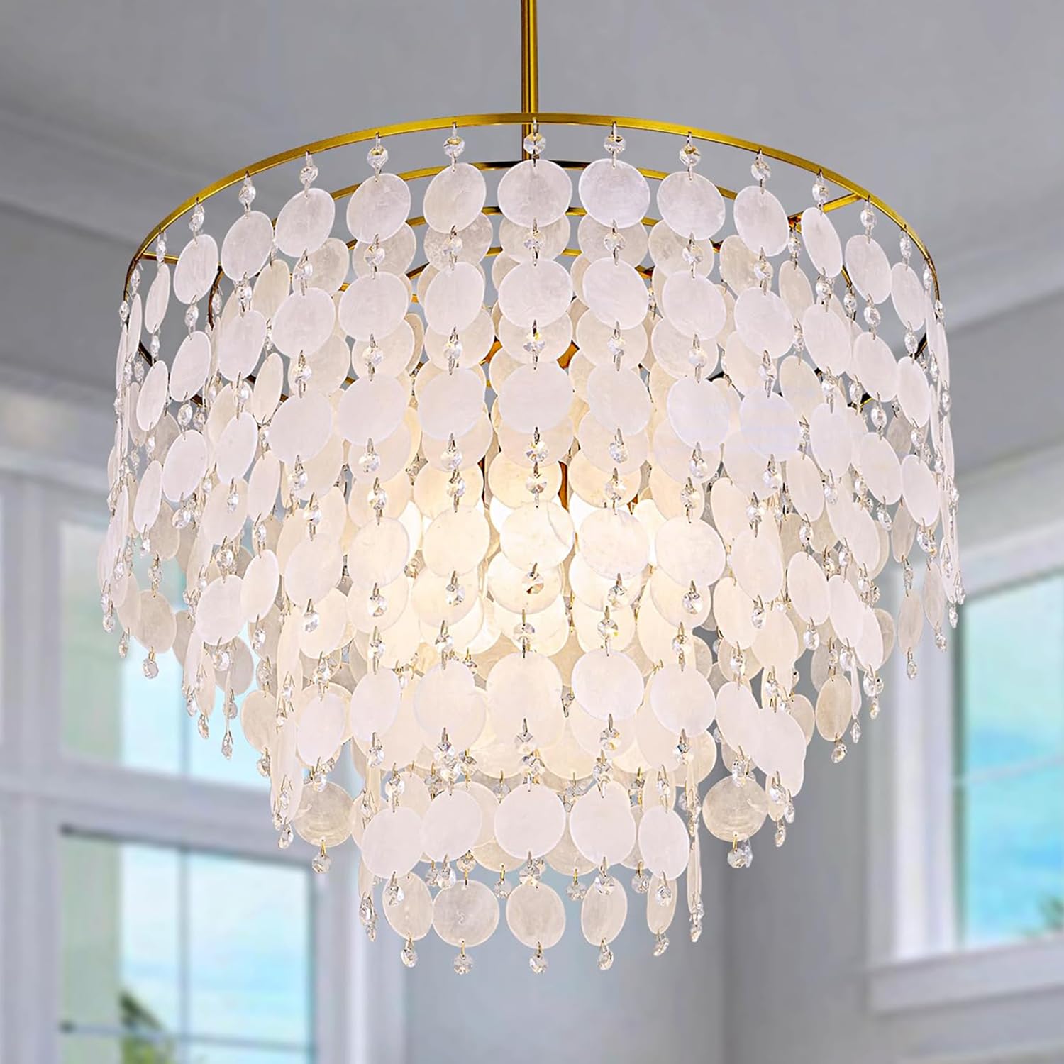 TOCHIC Natural Capiz Shell Chandelier, 6-Light Gold Modern Coastal