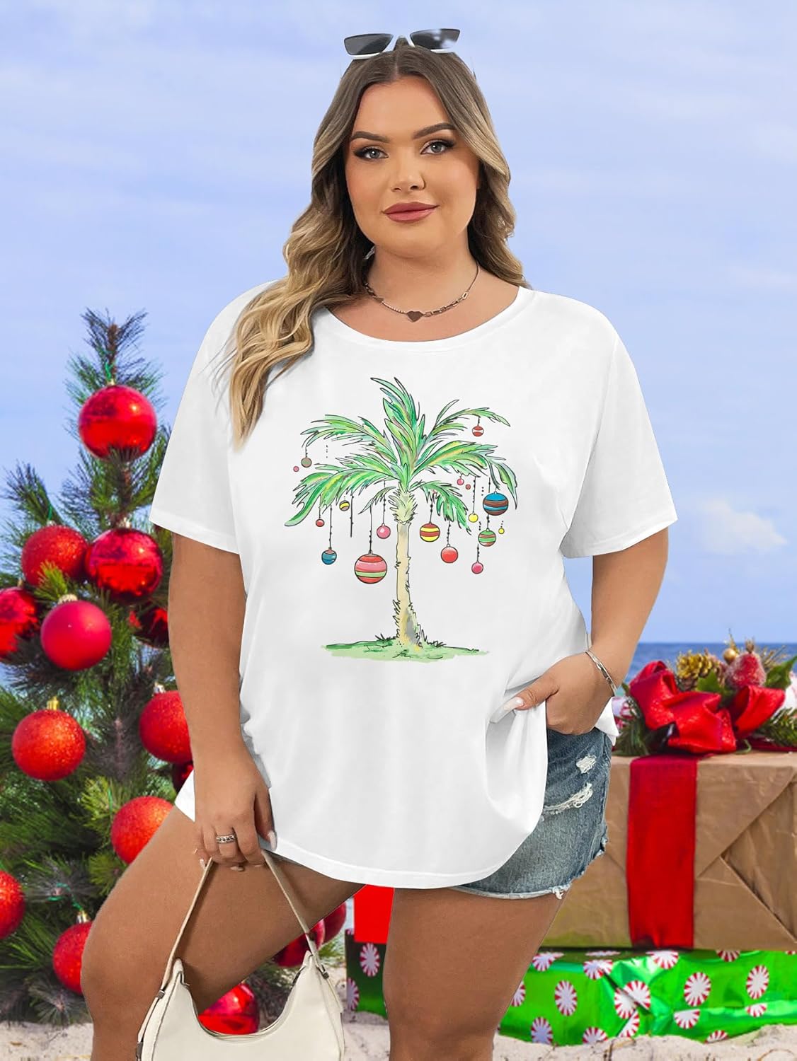 Plus Size Christmas in July Shirt Women Palm Tree Graphic Tee Funny Hawaiian Vacation Top Summer Beach Party T-Shirt - Image 3
