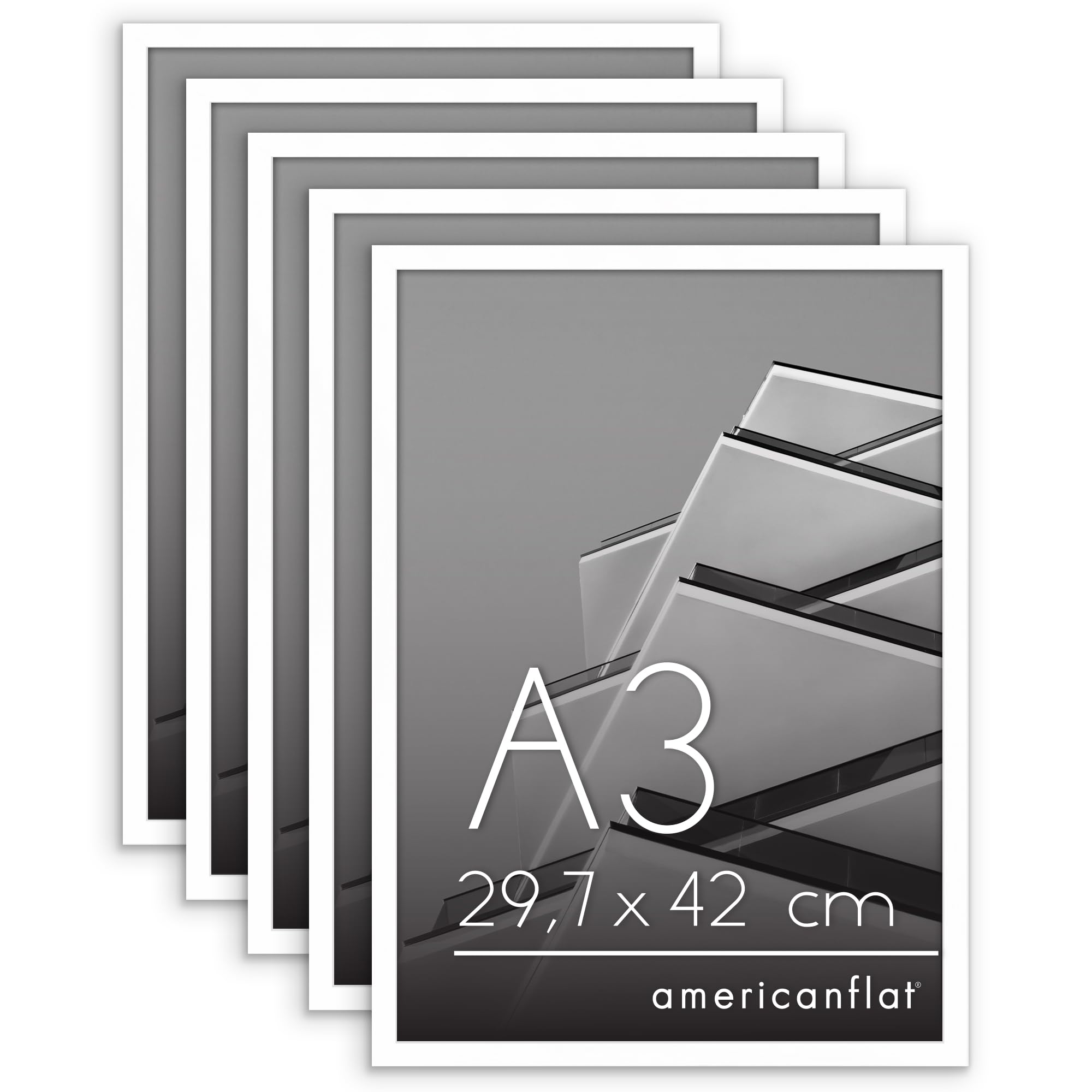 Americanflat Marco de Fotos de A3 en Blanco - Marco de Fotos de Moldura Fina con Cubierta de Plástico Resistente y Accesorios para Colgar en Pared - 5 Unidades