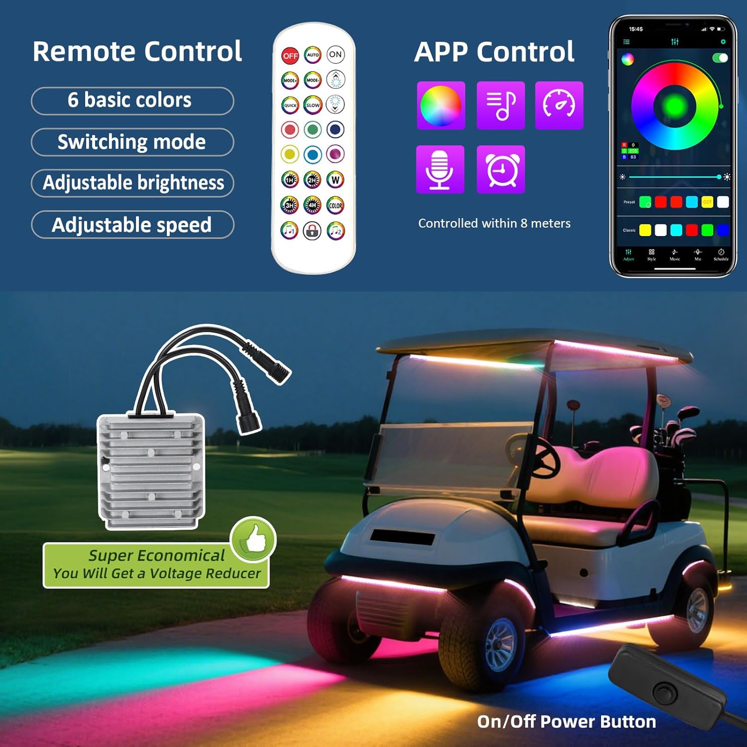 Golf Cart LED Light Strip, LED Lights Underbody Underglow Kit, Neon Strips Lighting, Universal Compatible with EZGO Club Car Yamaha, 12V - 80V Input, Muti-Color, Music Sync & Waterproof, 14PCS