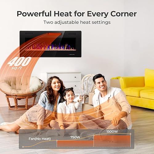 Vista 36 de Insertos de chimenea eléctrica de 50 pulgadas, empotrados en la pared y montados en la pared, calentador ultrafino con temporizador, efecto de llama