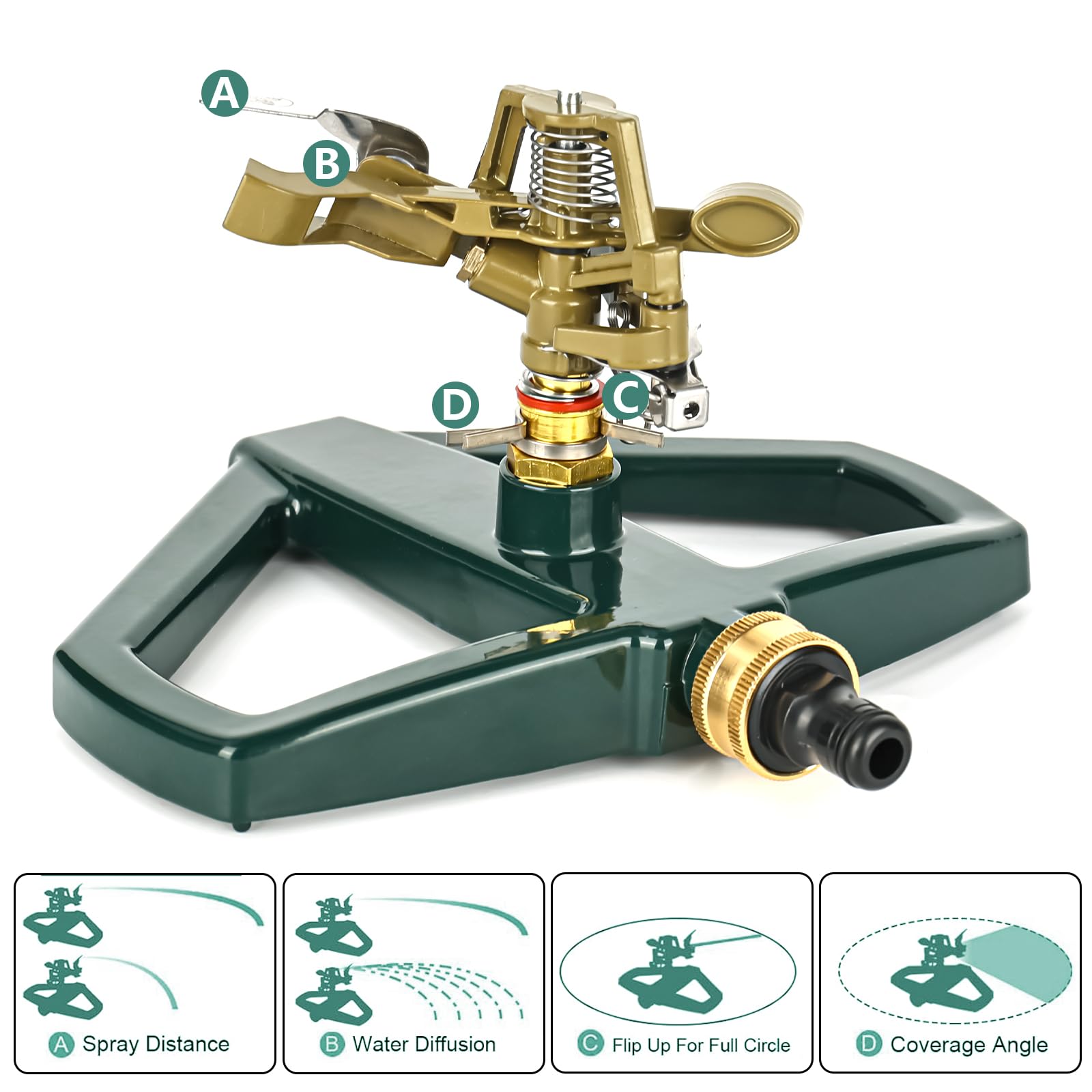 Arroseurs pour Jardin à Impact pulsé avec Base en métal, arroseur pelouse, arroseur Circulaire à Impulsion en Zinc, pour Irrigation de Cour et d'herbe, arroseur de pelouse à 360 degrés