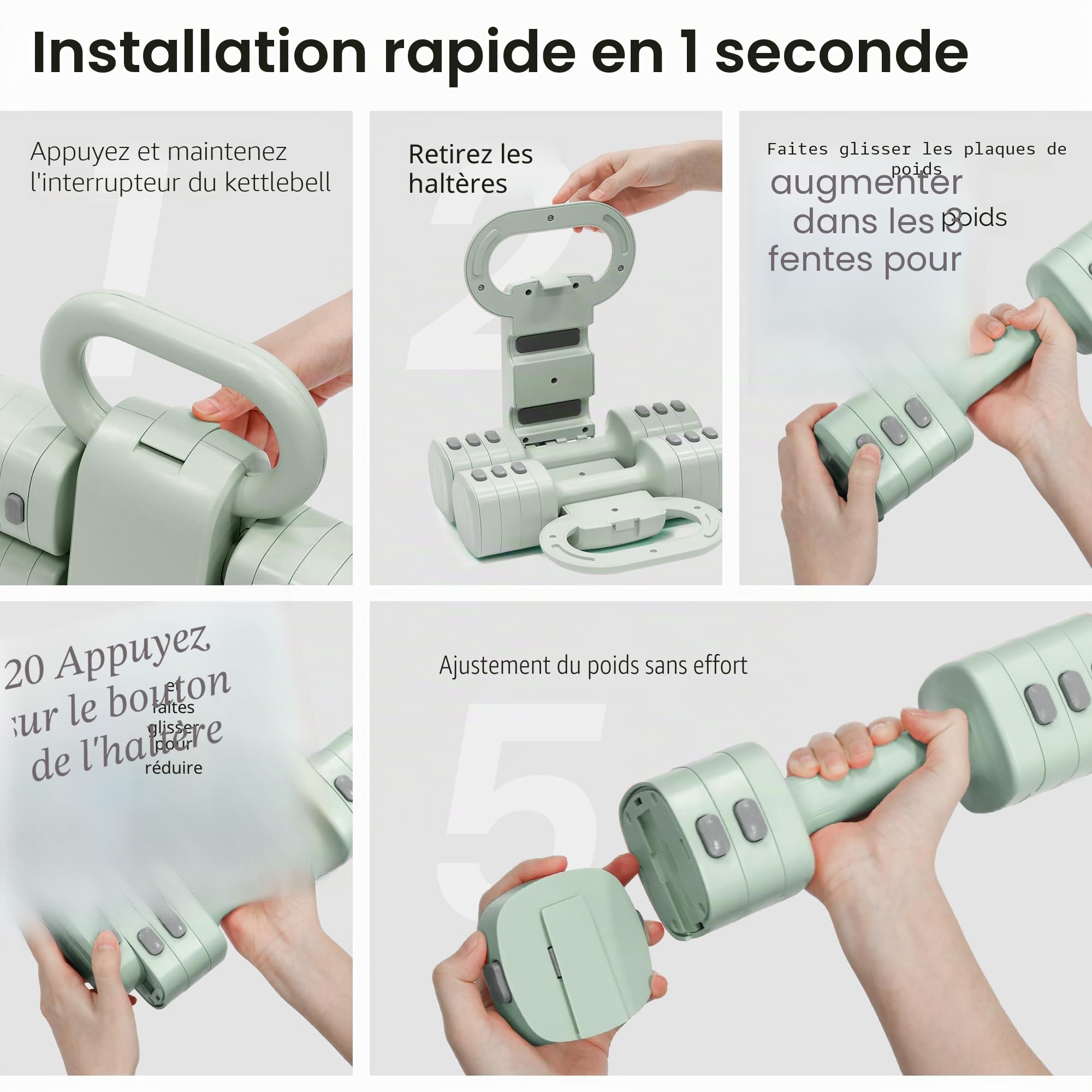 Ensemble d'haltères réglables 2 en 1 pour femme – 4 niveaux (1 kg à 5,5 kg) – Poids de gym à domicile pour femmes à la maison – Haltères de fitness
