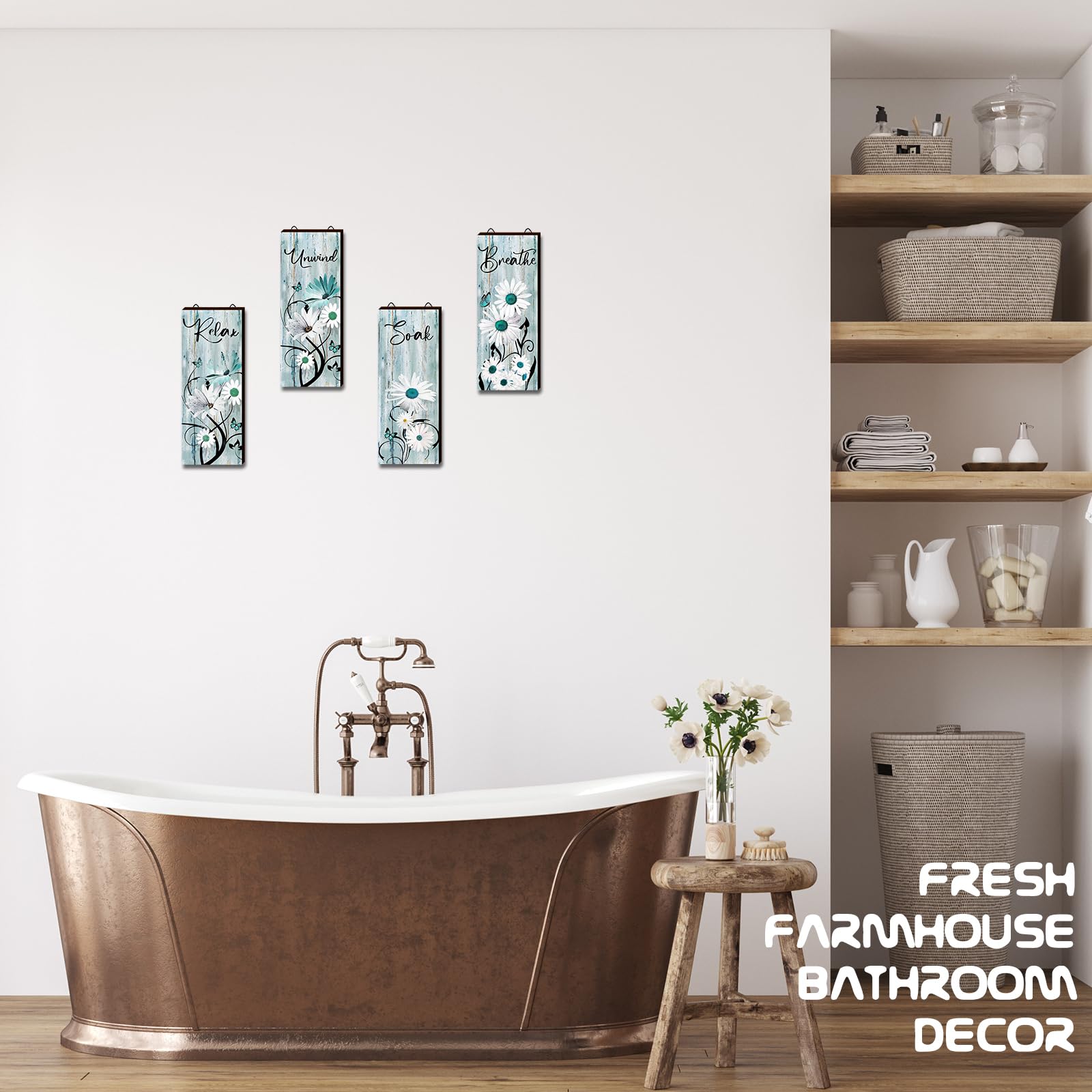 4 piezas de decoración de pared de madera de margarita verde azulado para baño, decoración de pared de madera verde azulado Relax Soak Unwind Breathe Flower Rustic Farm Sign turquesa azul 5