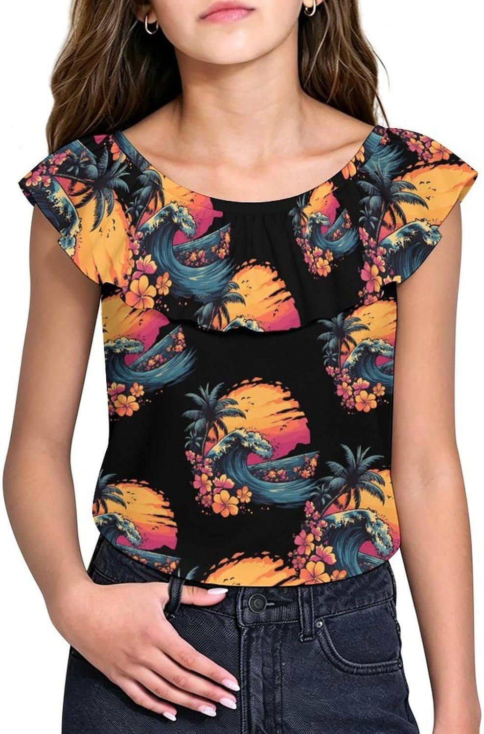 Hawaii Flowers Wave Palm Trees Girls T-Shirts Top Ruffle Short Sleeve Blouse Casual Graphic Tees