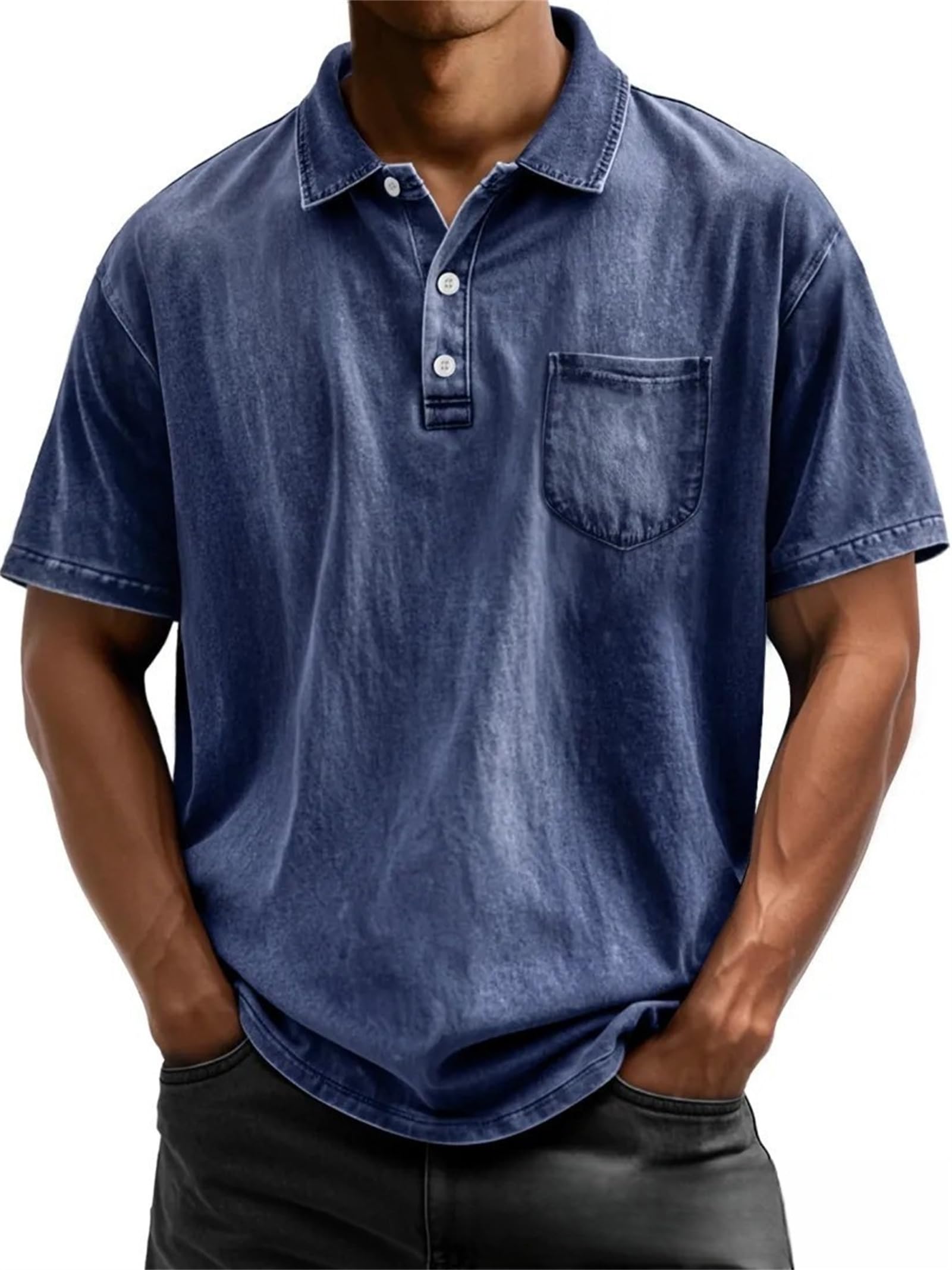 Mokaloha Camicie da uomo vintage Henley lavate e usurate in cotone con colletto e tasca