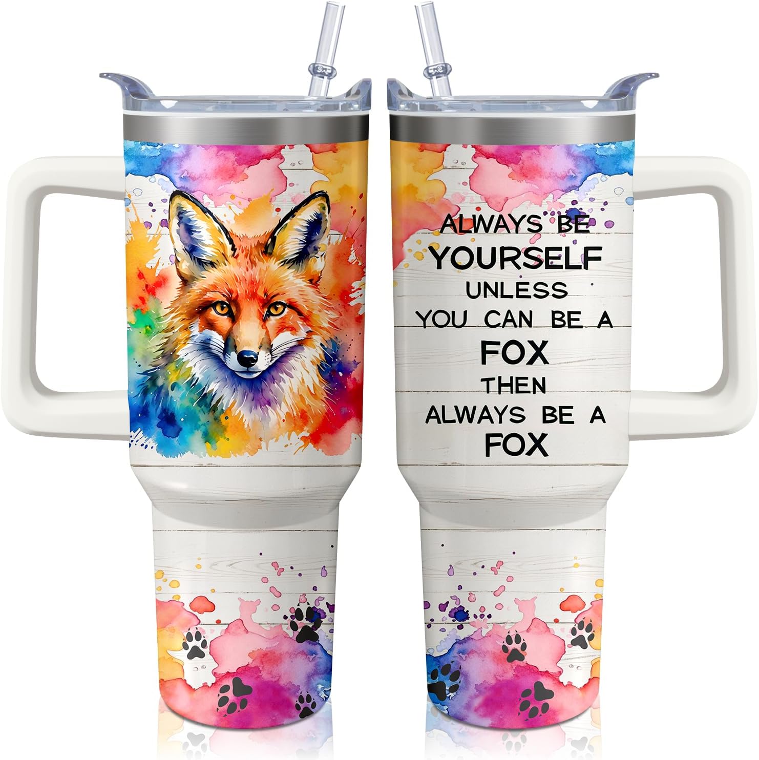 40oz Fox Tumbler with Handle and Straw, Stainless Steel Insulated Cup with Lid and Straw, Travel Coffee Mug Water Bottle, Birthday Mothers Day Gifts for Women Men Animal Lovers