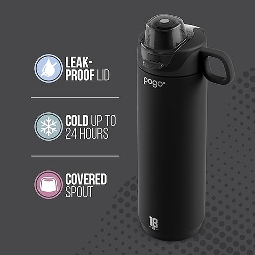 Miniatura 6 de Pogo Botella de agua activa de acero inoxidable aislada al vacío con tapa a prueba de fugas y asa de transporte de silicona, recubrimiento en polvo,