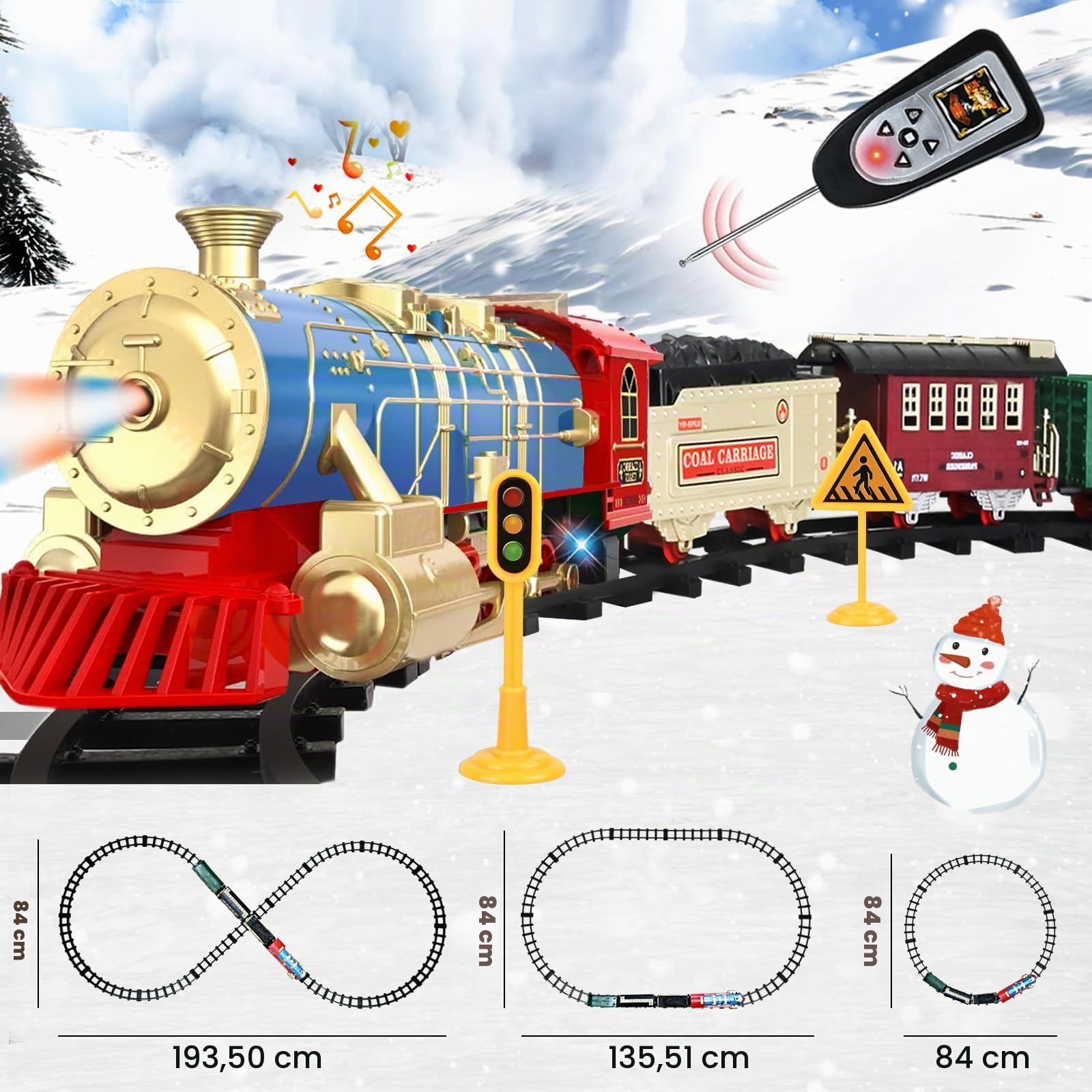 Ulikey Elektrischer Zug für Kinder, Spielzeugeisenbahn Mit Rauch, Licht und Sound, Eisenbahn Elektrisch Groß Mit Schienen, Weihnachtszug um den Baum, Dampfzug Geschenk Ab 3 Jahren