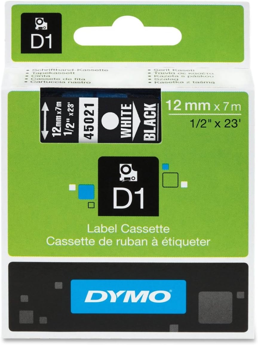 Dymo D1 45021 Tape Cartridge, White On Black, 0.5" X 23'-Black, 2 pk : Electronics
