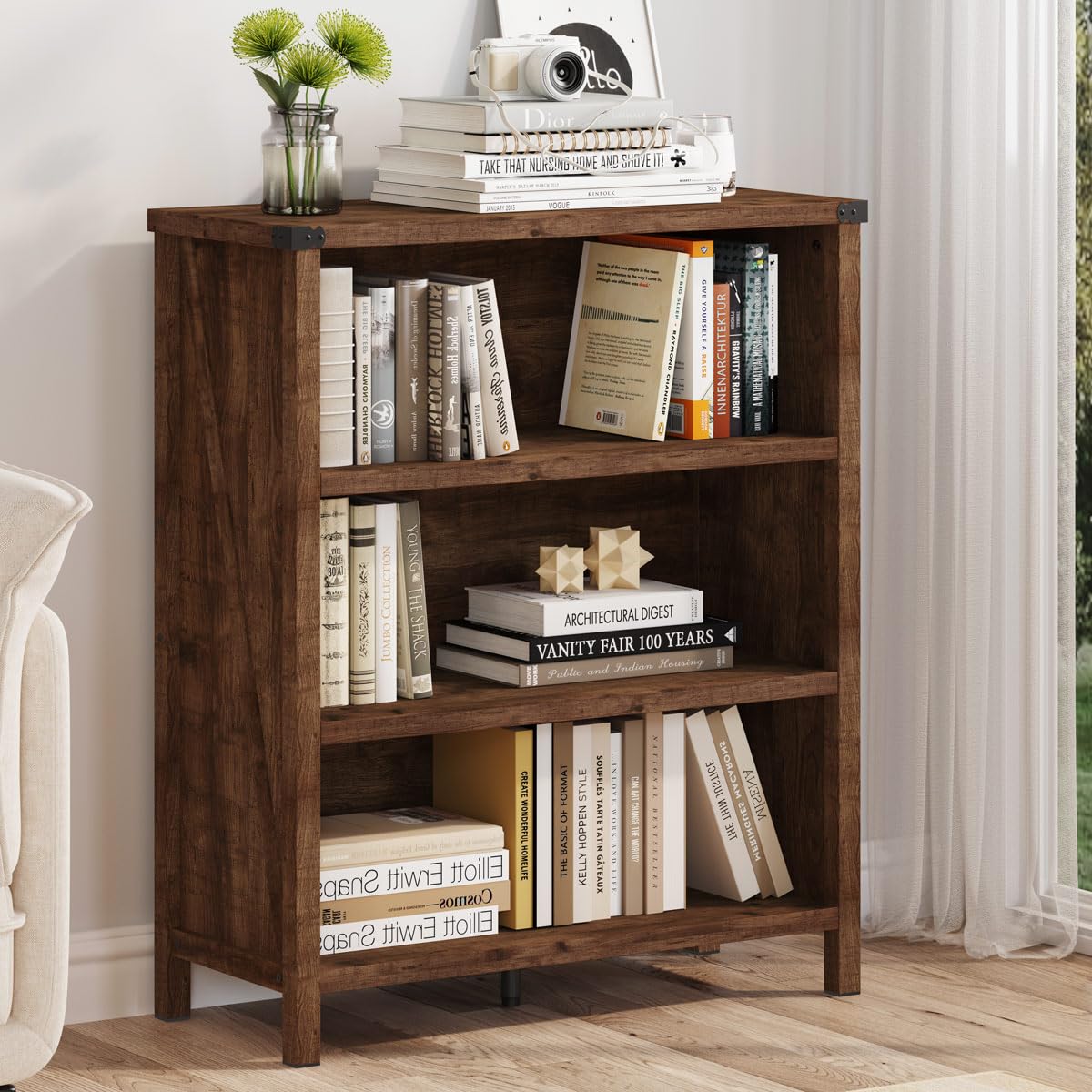 BON AUGURE Rustic Short Bookshelf, 3 Shelf Bookcase, Small Wood Low Book Cases/Shelves, Farmhouse Storage Tier Book Shelves for Home Office, Living