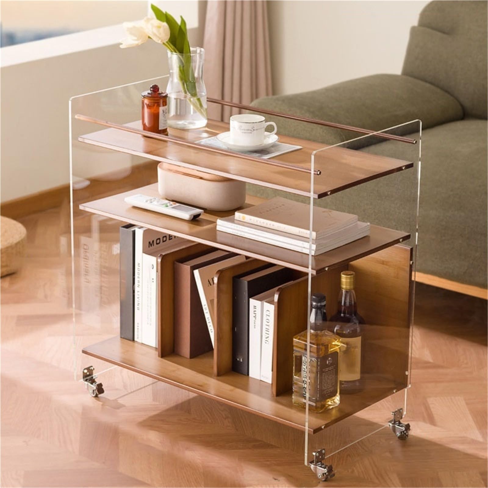 SXZenSpace Acrylic Sofa Side Table with Wheels Modern Coffee Storage Shelf Nightstand Snack Rack for Living Room ﻿,Ideal