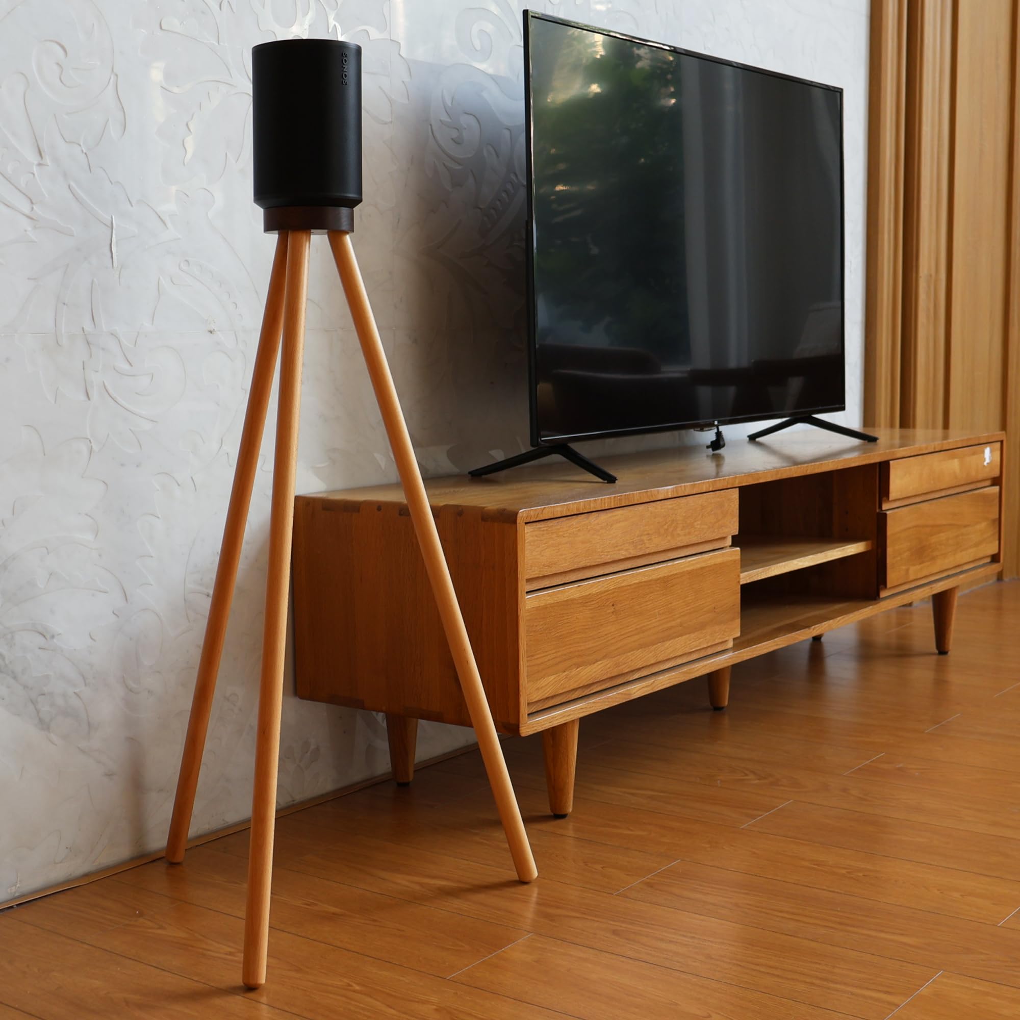 HOOKMEMO Speaker Stand for Sonos Era 100,Black Walnut Material. (Black Walnut+Beech+30inch hign)