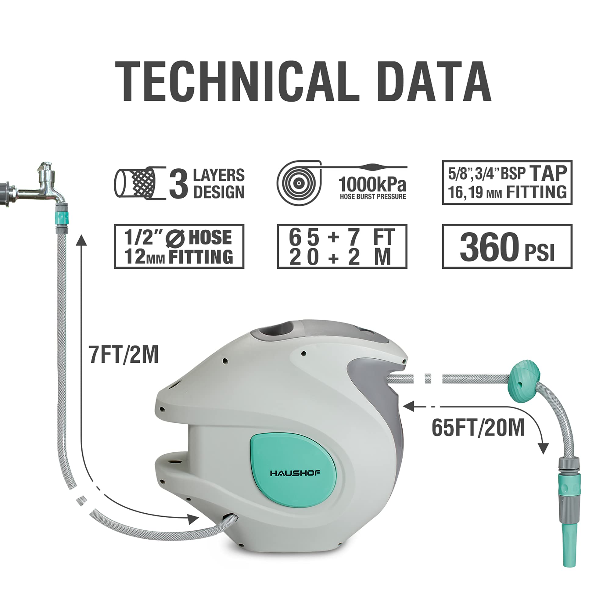 HAUSHOF Hose Reel, Wall Mounted Retractable Garden Hose Reel with 20+2M