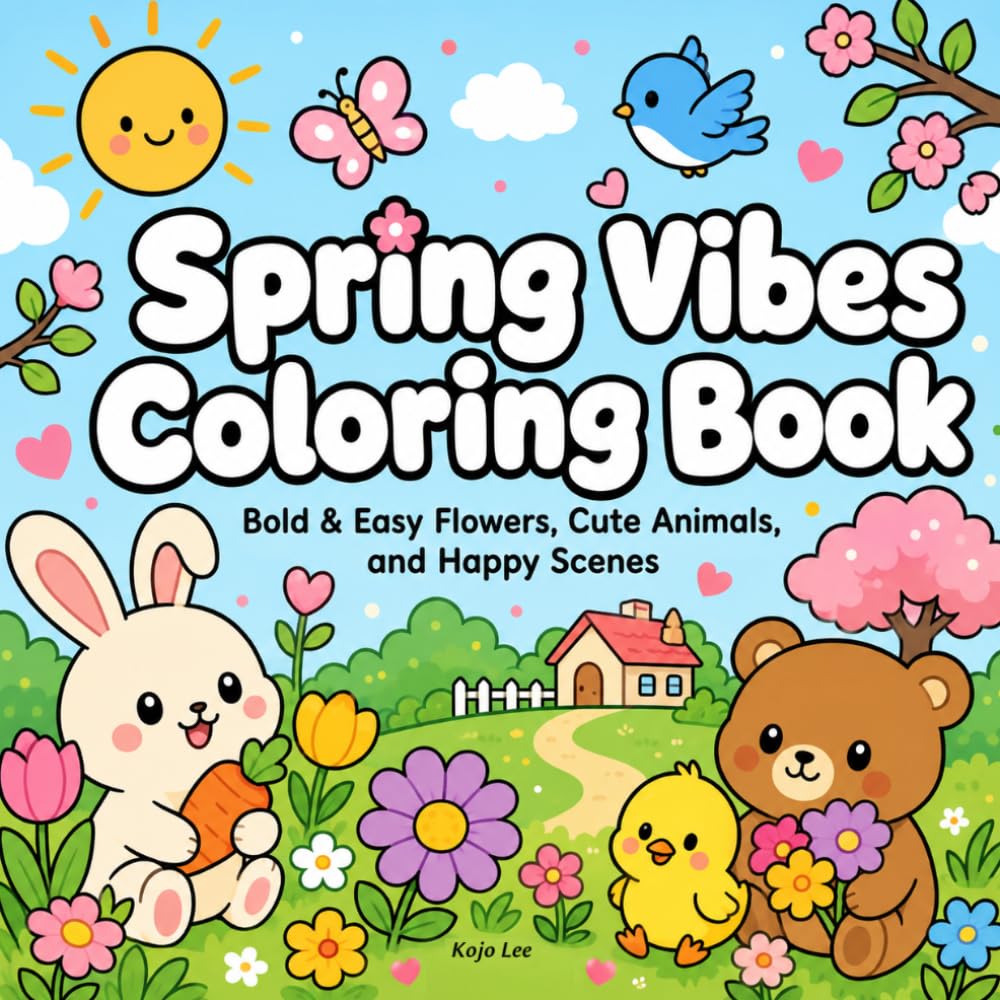 Spring Vibes Coloring Book: Bold & Easy Flowers, Cute Animals, and Happy Scenes