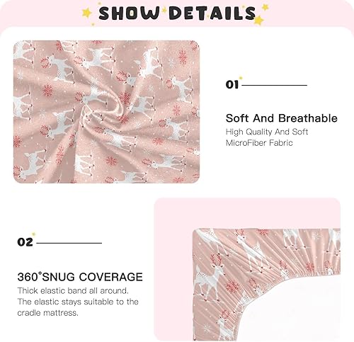 Miniatura 4 de Sábanas de cuna rosa con ciervos de Navidad, sábanas ajustables elásticas para cuna para niños y niñas, sábana de cuna unisex acogedora de 27 x 39 x