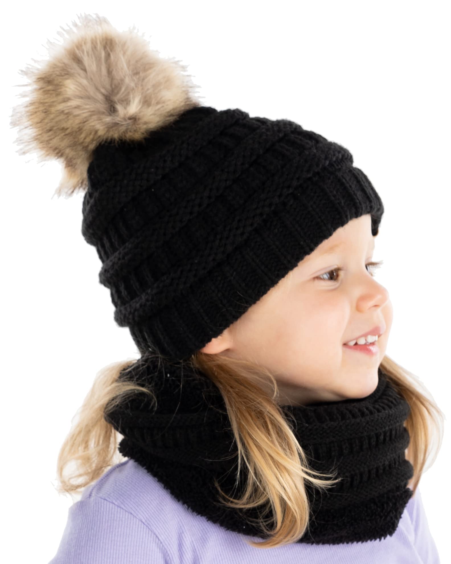Funky Junque Kids Winter Fleece Lined Neck Warmer Ribbed Knit Pom Pom Winter Beanie Bundle Cold Weather Gaiter Toddler